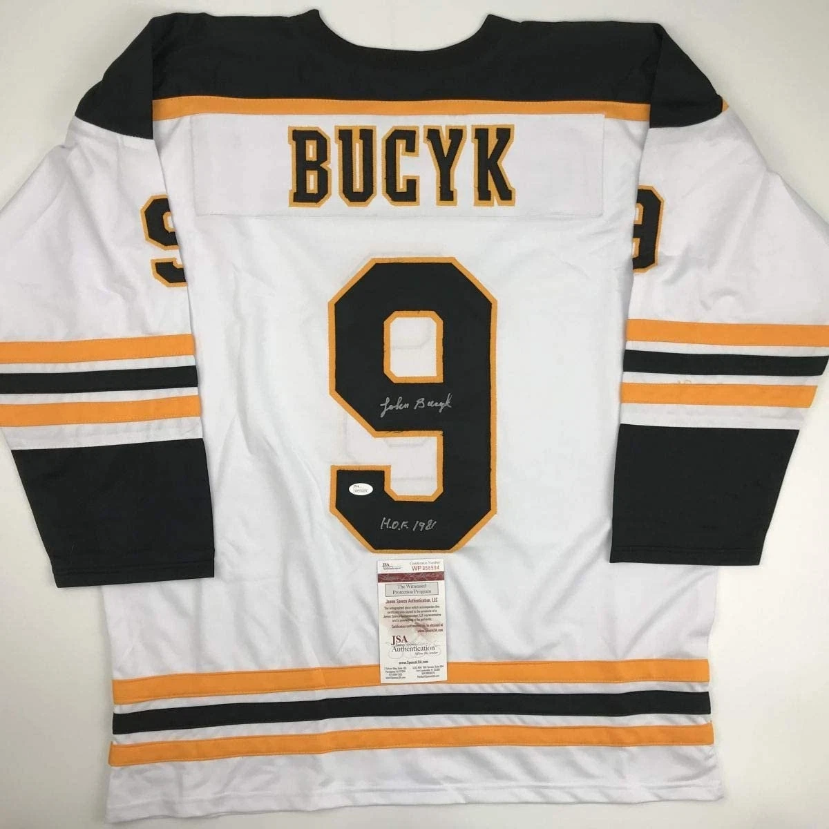 Autographed/Signed Johnny John Bucyk HOF 1981 Boston White Jersey JSA COA