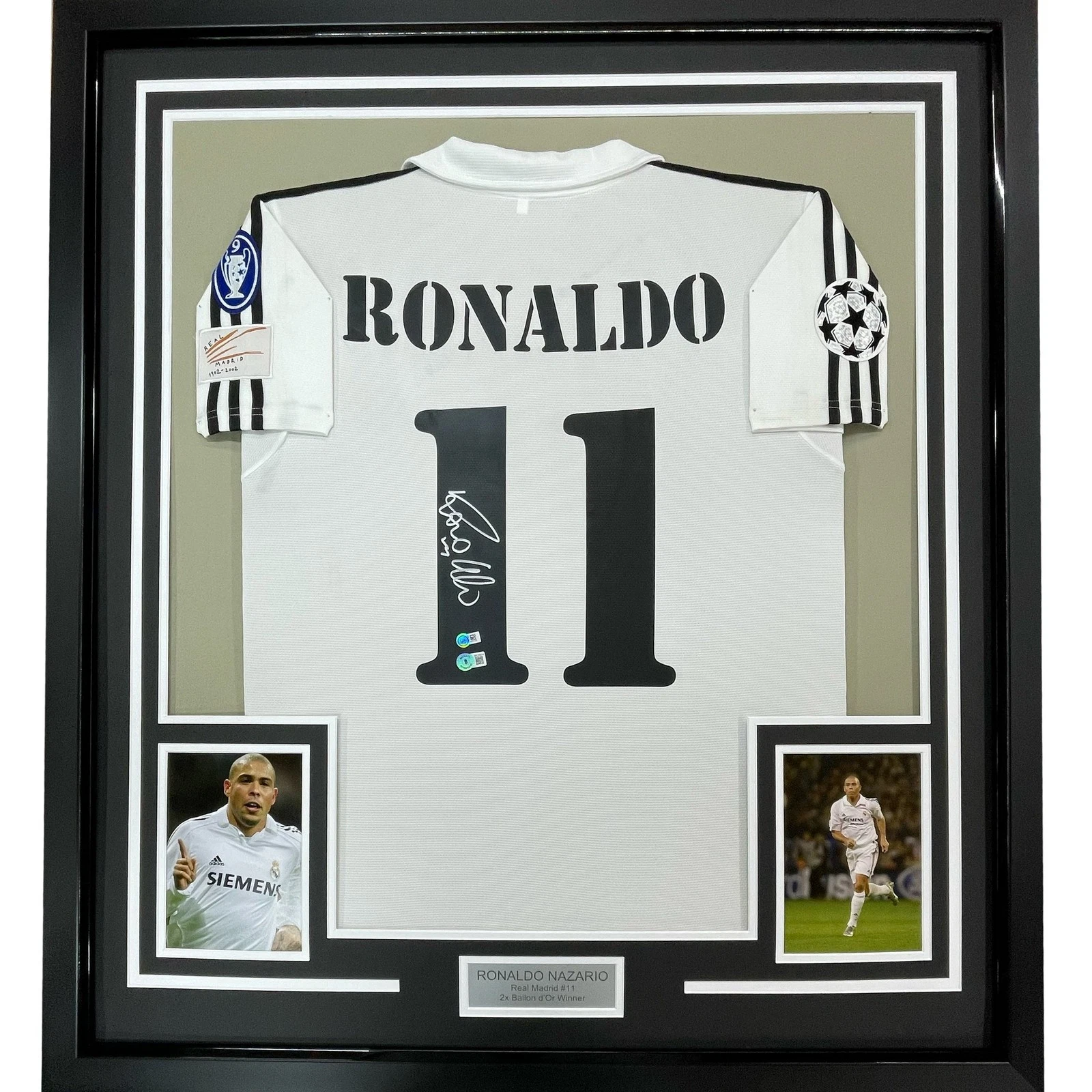 Framed Signed Ronaldo Nazario 35x39 Real Madrid White Jersey COA