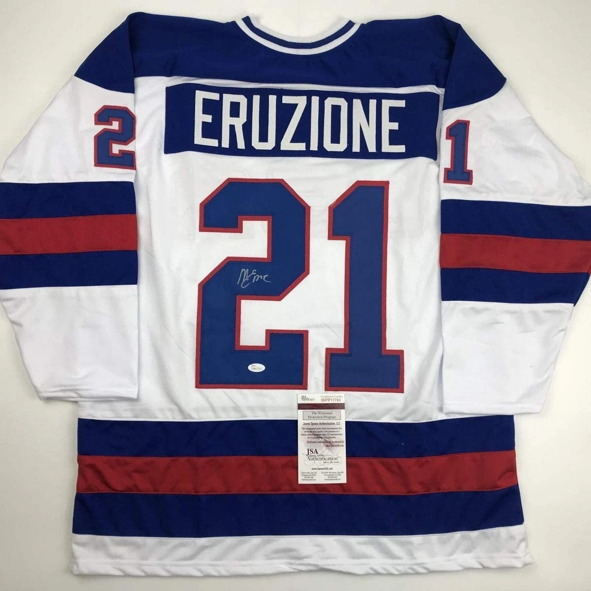 Signed Mike Eruzione White Team Miracle On Ice 1980 Jersey JSA COA