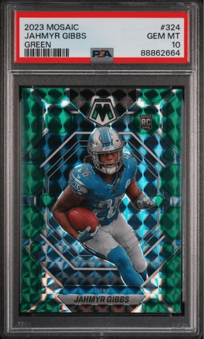 Graded 2023 Panini Mosaic Jahmyr Gibbs #324 Green Rookie Card PSA 10