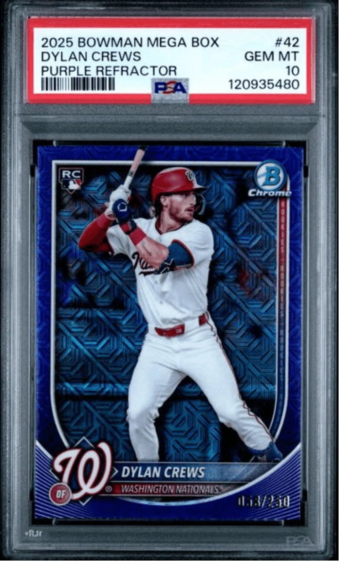 Graded 2025 Topps Bowman M/B Dylan Crews #42 Purple REF /250 RC Card PSA 10