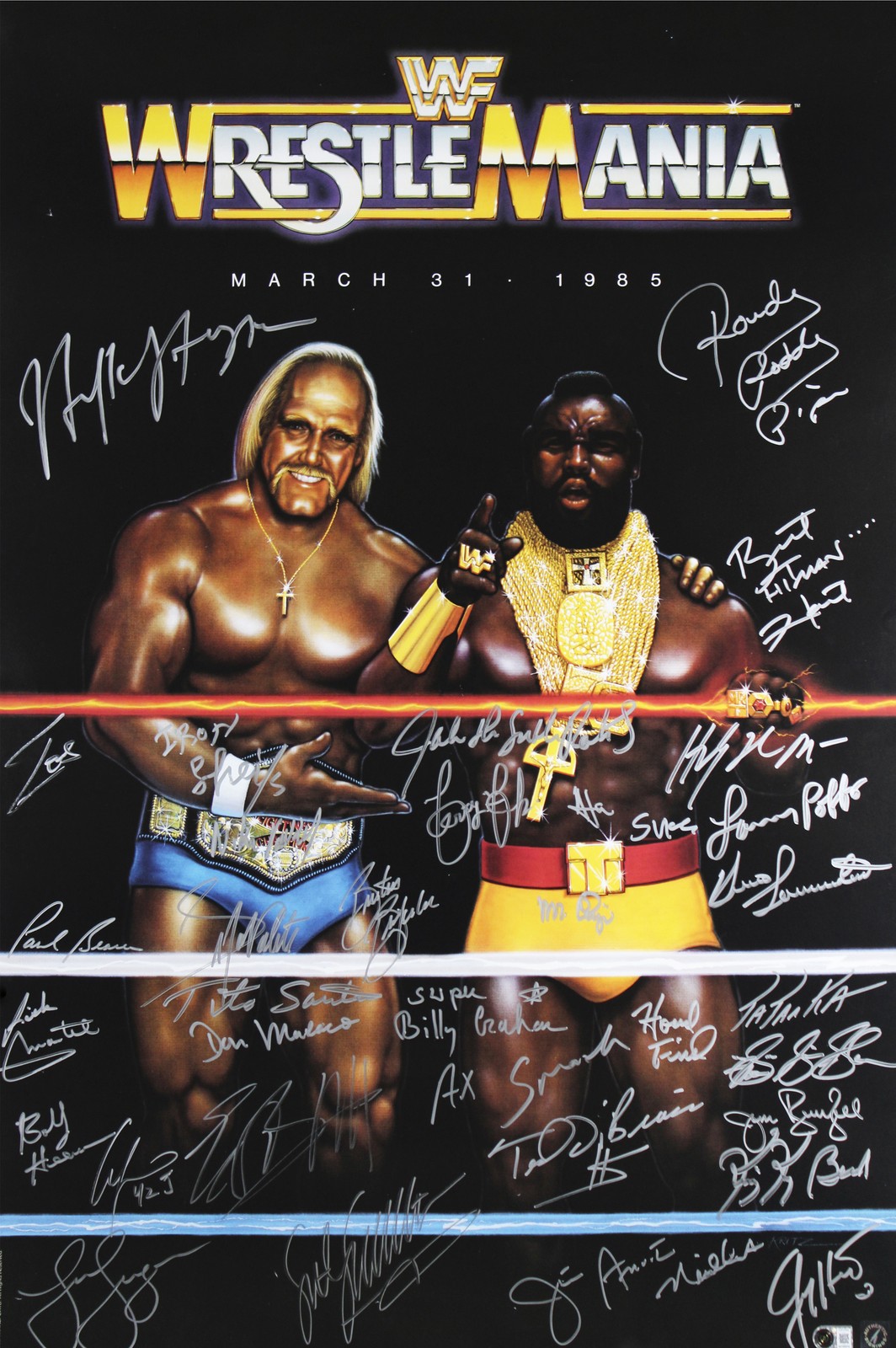 WrestleMania I (33) Hogan, Hart, Piper, Poffo, Bearer Signed 27x40 Poster BAS