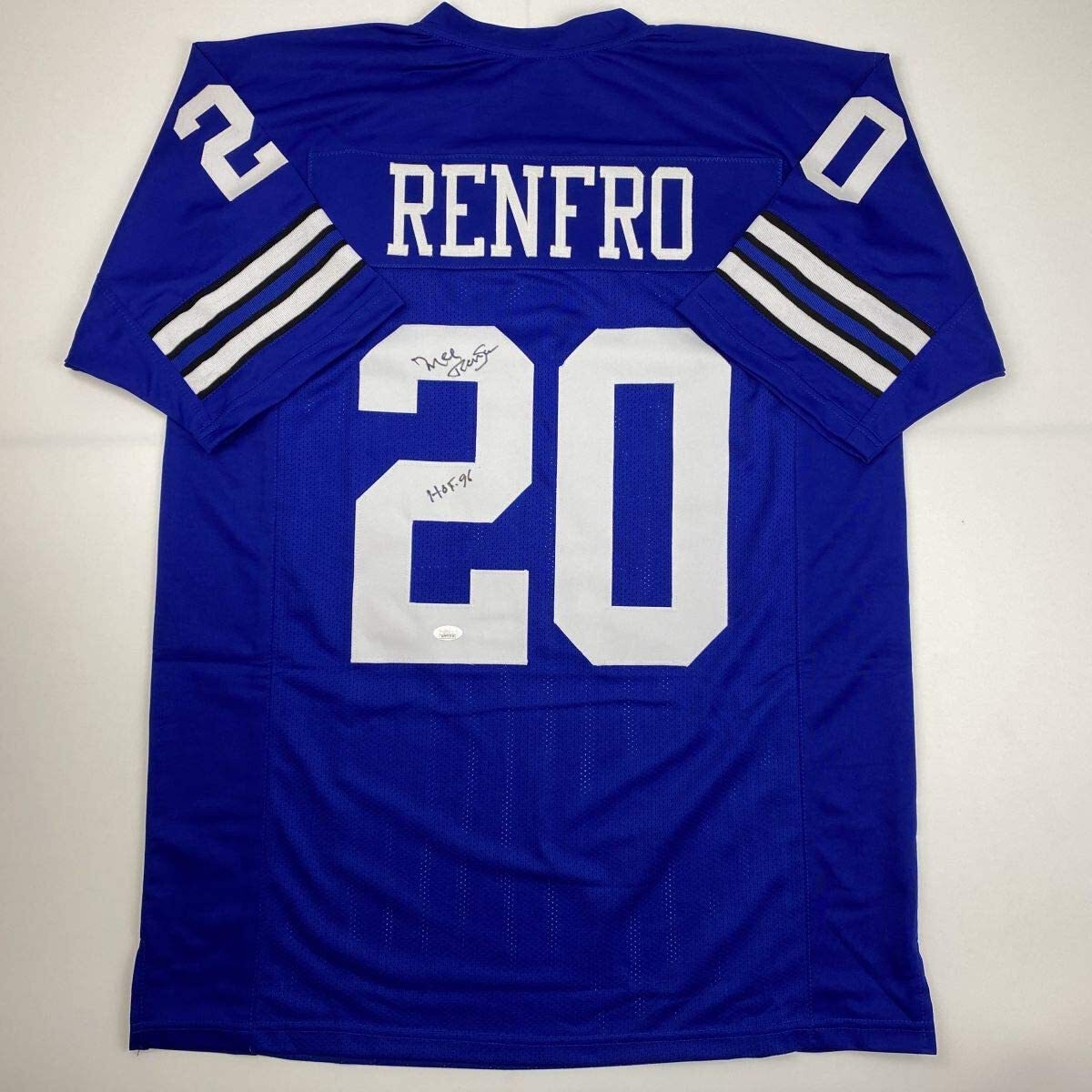 Autographed/Signed MEL RENFRO HOF 96 Dallas Blue Football Jersey JSA COA Auto