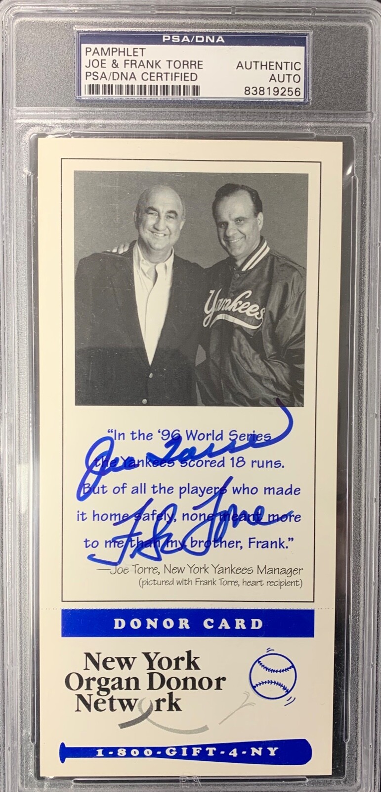 Joe Torre Signed Pamphlet 1996 WS Champs Donor Postcard Frank Torre PSA/DNA Auto