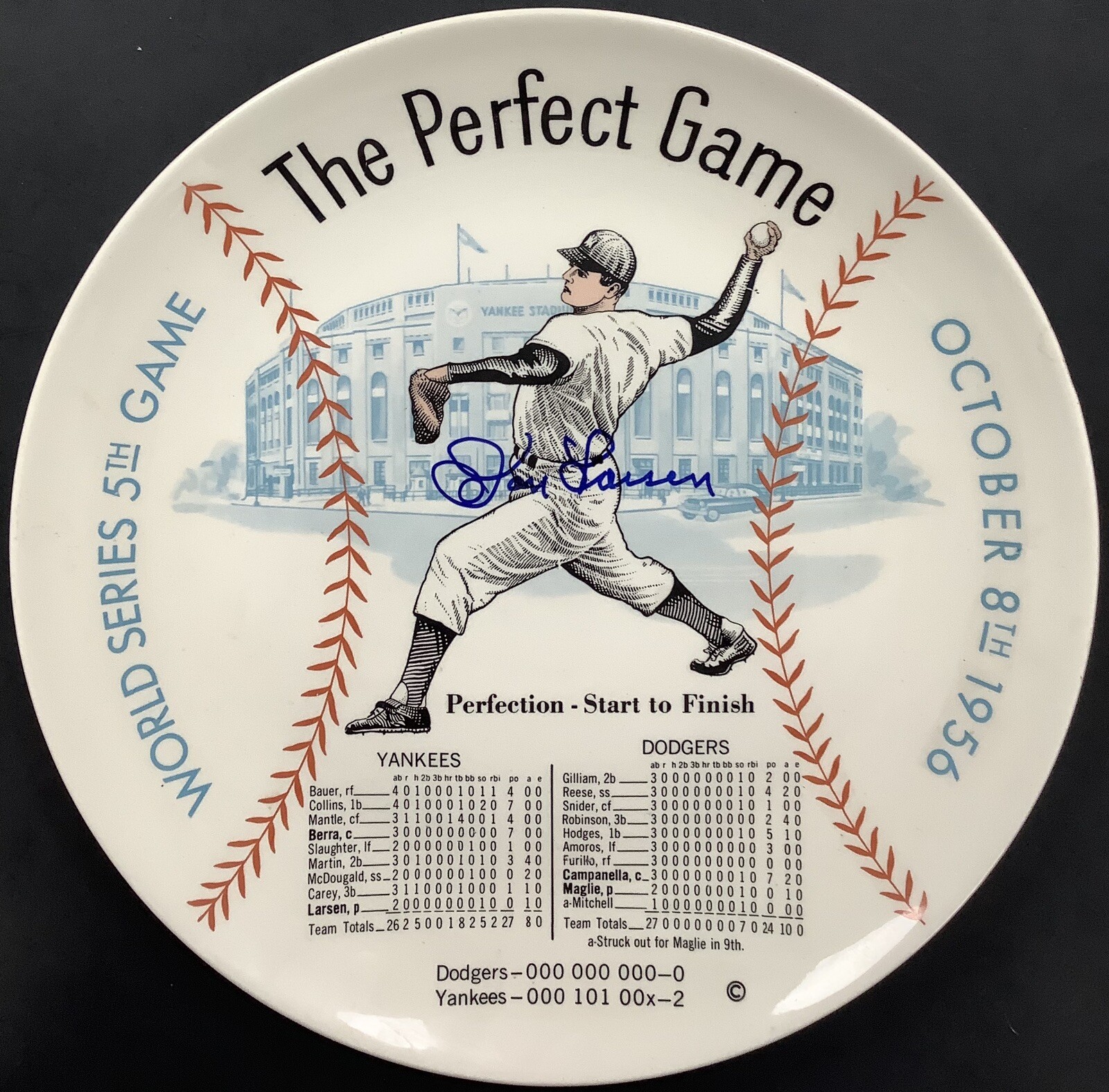 Don Larsen Signed Vintage Perfect Game Porcelain Plate Autograph Ticket JSA COA