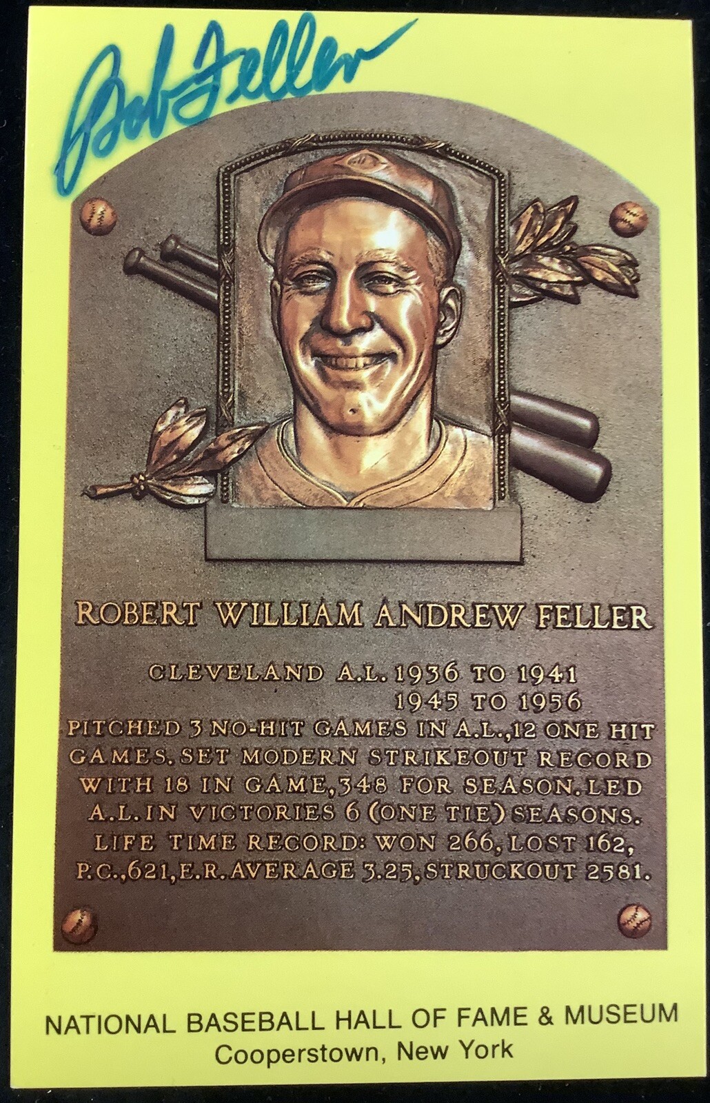 Bob Feller Signed Gold HOF Plaque Postcard Yellow Cleveland Indian Autograph JSA
