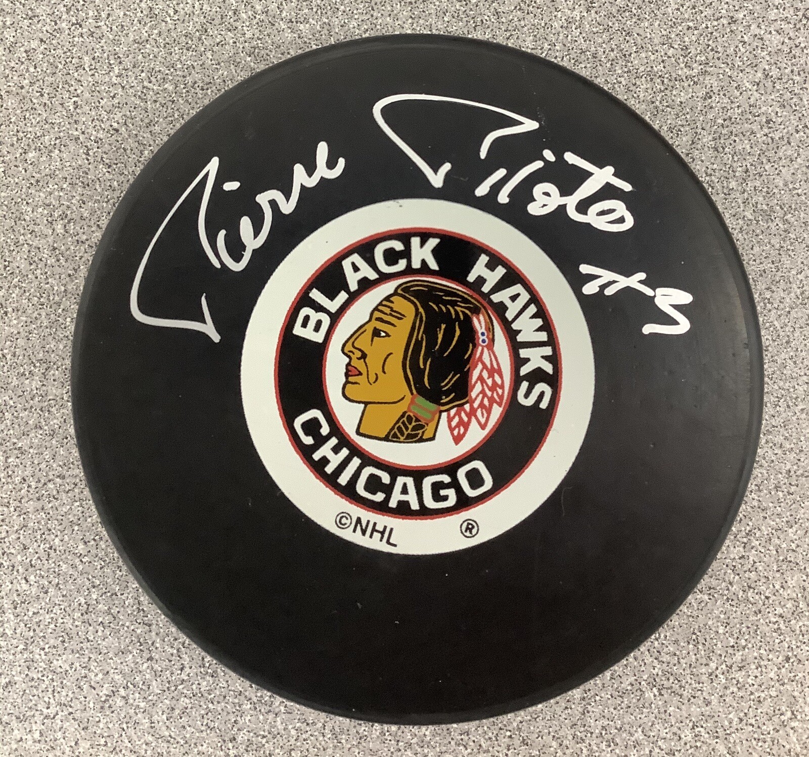 Pierre Pilote Signed Puck Hockey NHL Autograph JSA Chicago Black Hawks #3 HOF