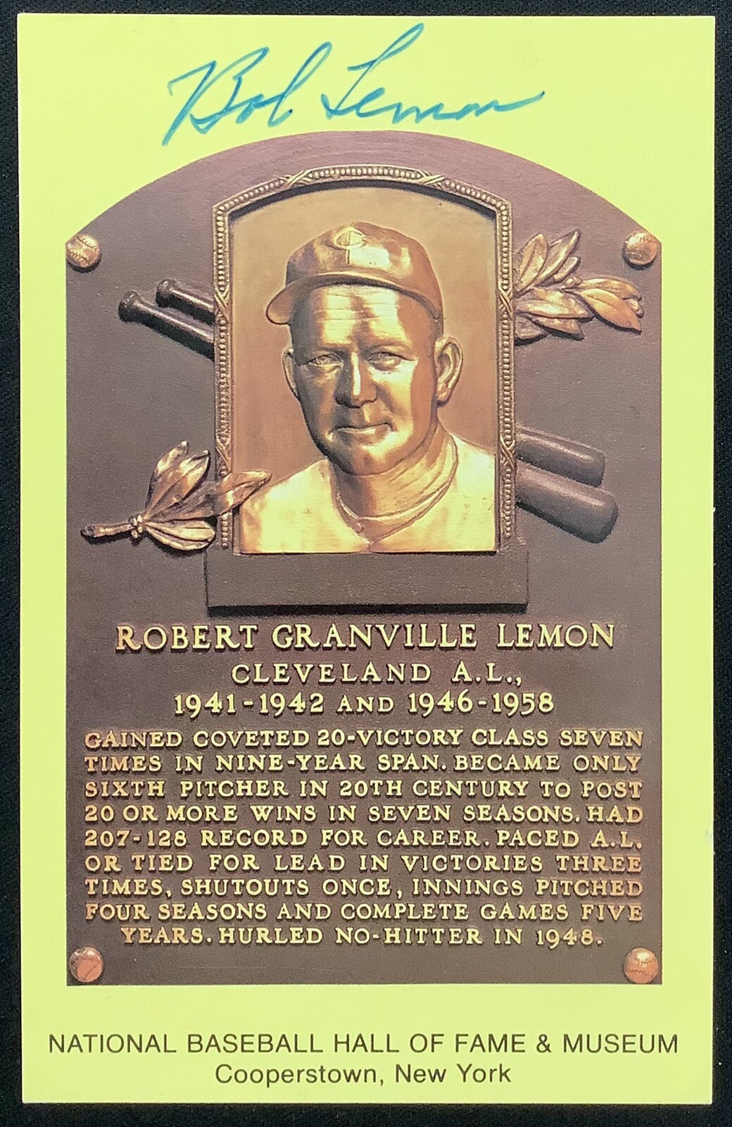 Bob Lemon Signed Gold HOF Plaque Postcard Yellow Baseball Indians Autograph JSA