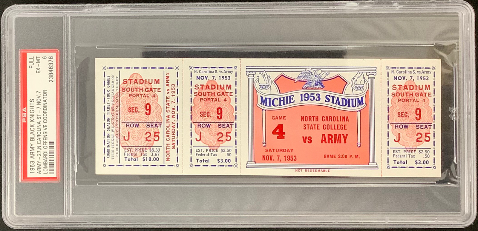 Army Black Knights 1953 Full Ticket 11/7/53 Vince Lombardi vs NC PSA/DNA EX-MT 6