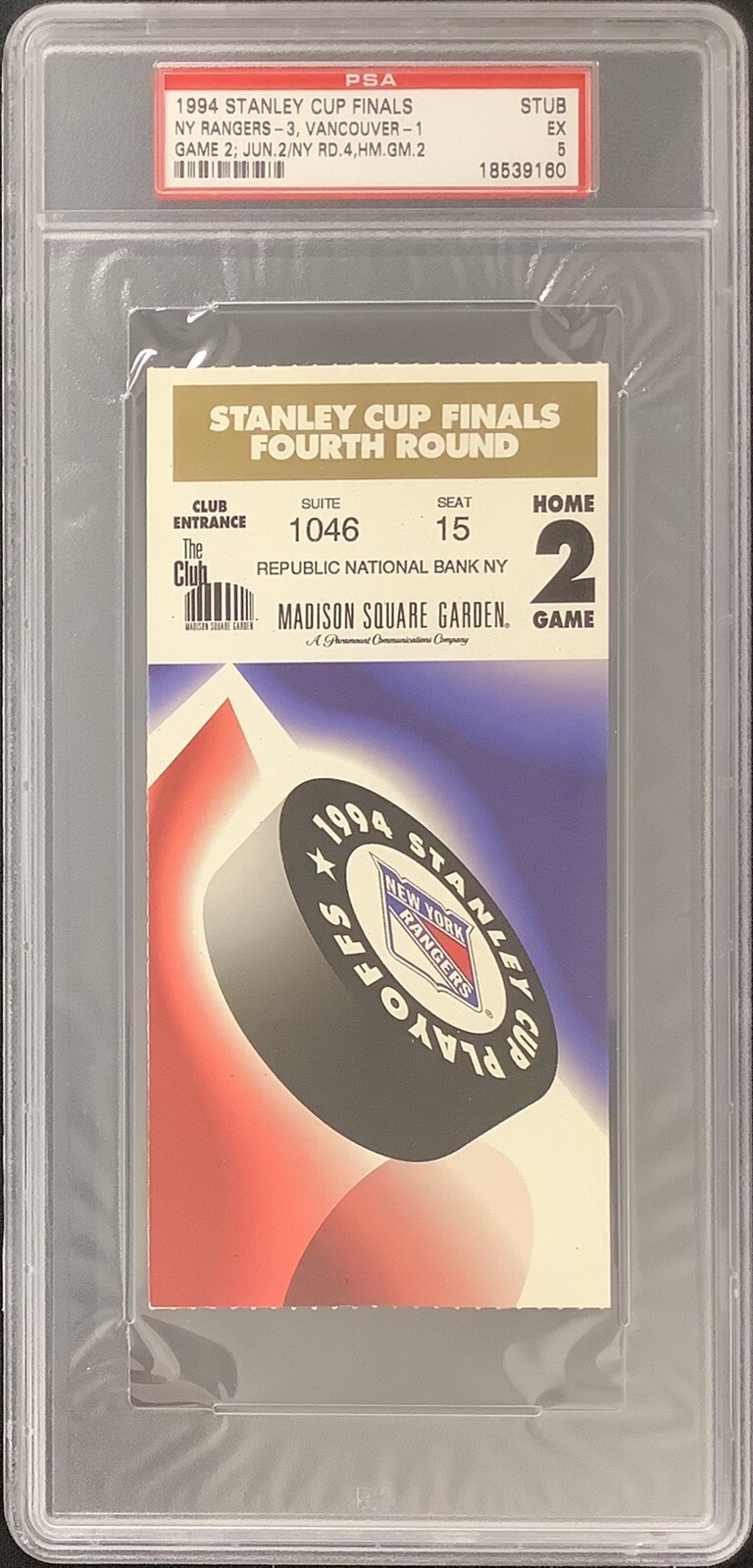 1994 Stanley Cup Finals Ticket Stub 6/2/94 Game 2 PSA/DNA EX 5 Rangers Canucks