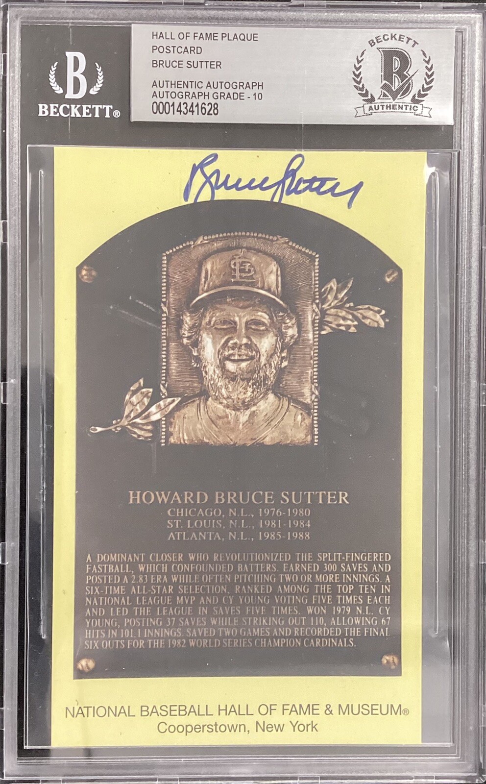 Bruce Sutter Signed Gold HOF Plaque Postcard Yellow Cubs Beckett Autograph 10