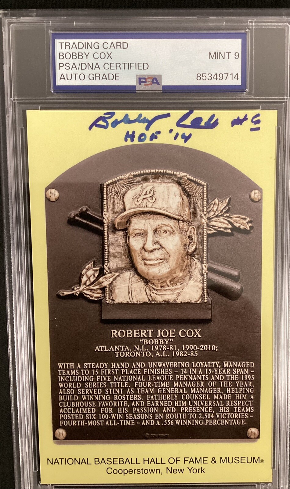 Bobby Cox Signed Gold HOF Plaque Postcard Yellow Braves Autograph PSA/DNA Mint 9