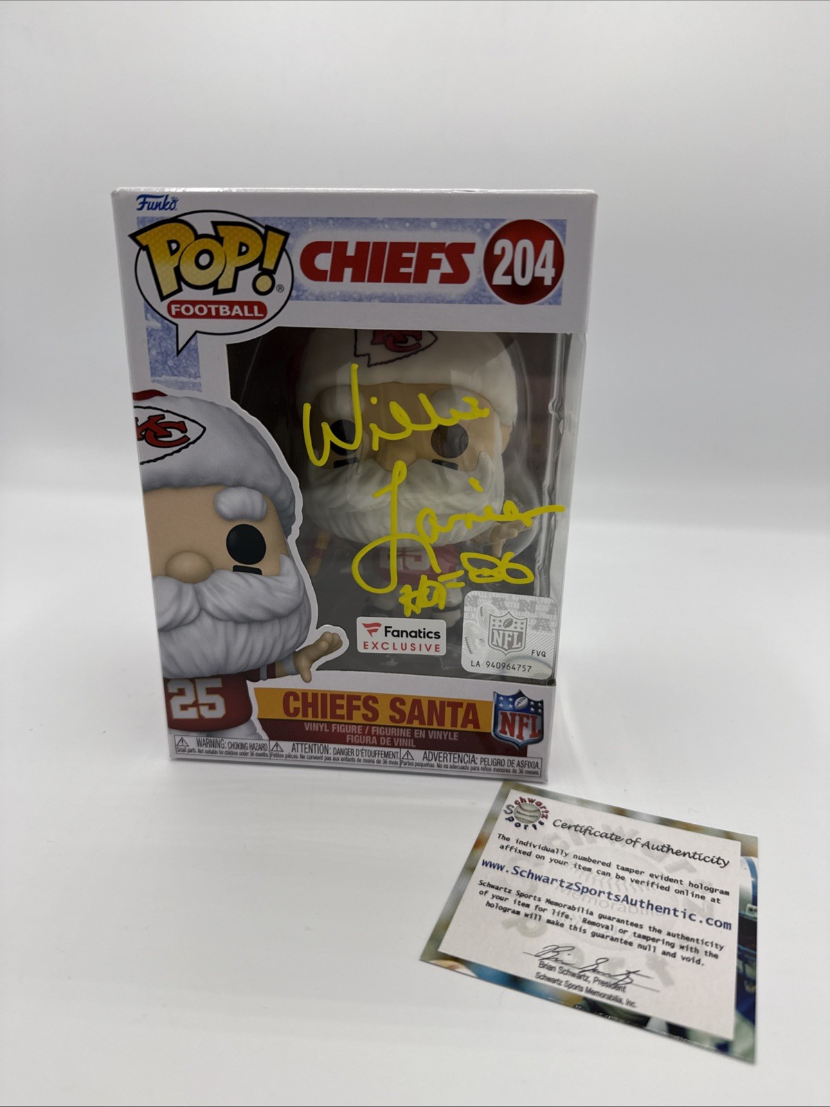 Willie Lanier Signed KC Chiefs 'SANTA' Funko Pop Doll #204 - (SCHWARTZ COA)