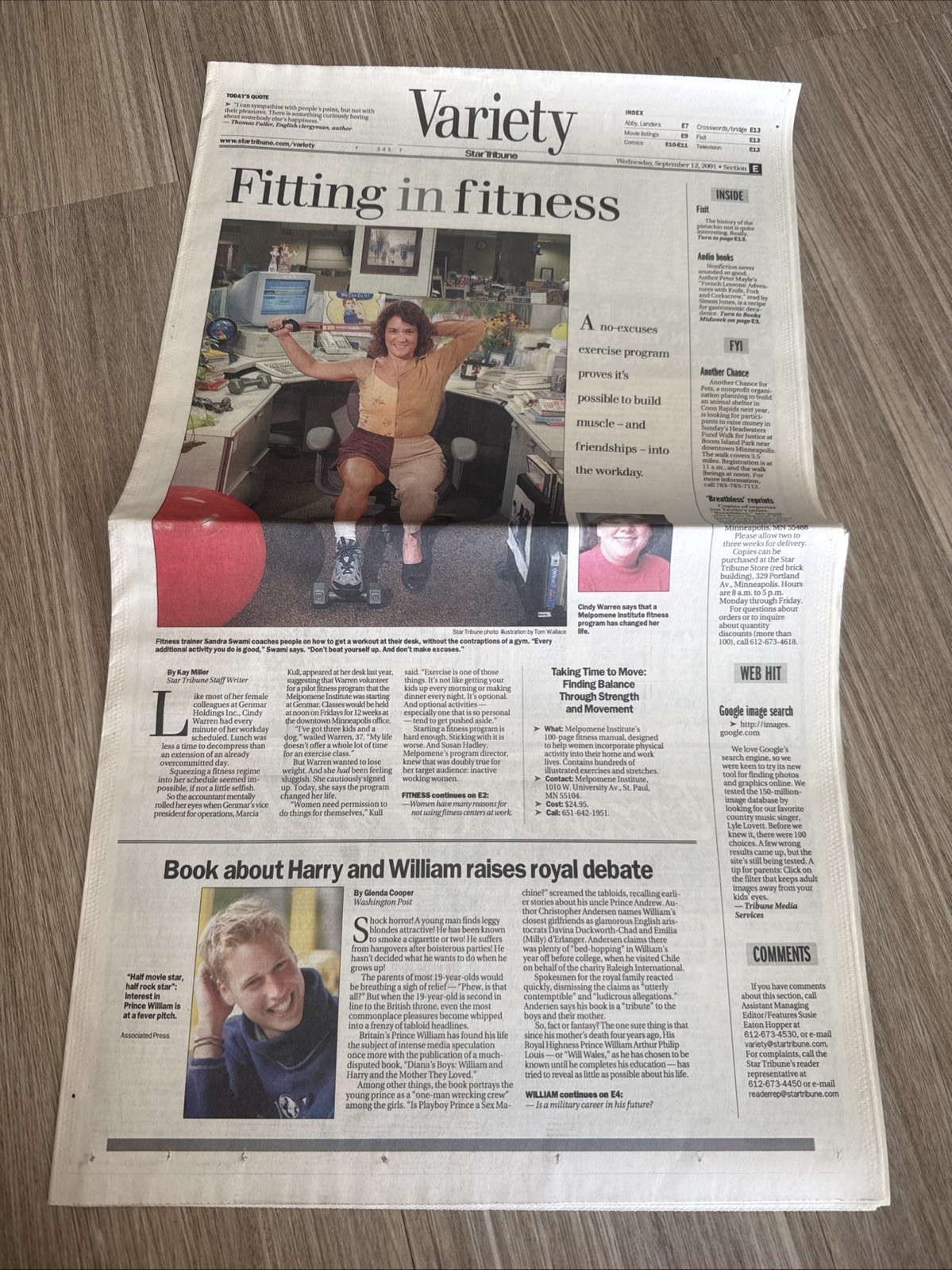 Star Tribune Sept 12 2001 Variety Fitness Harry & William Royal Debate