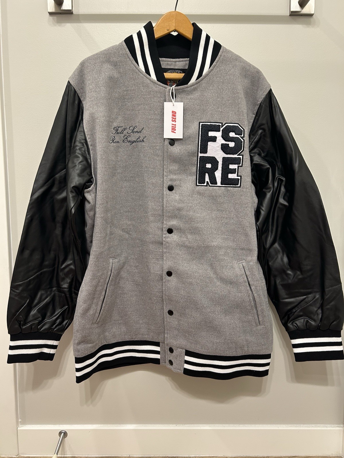 Full Send x Ron English XL Varsity Letterman Patches Bomber Jacket Grey Black