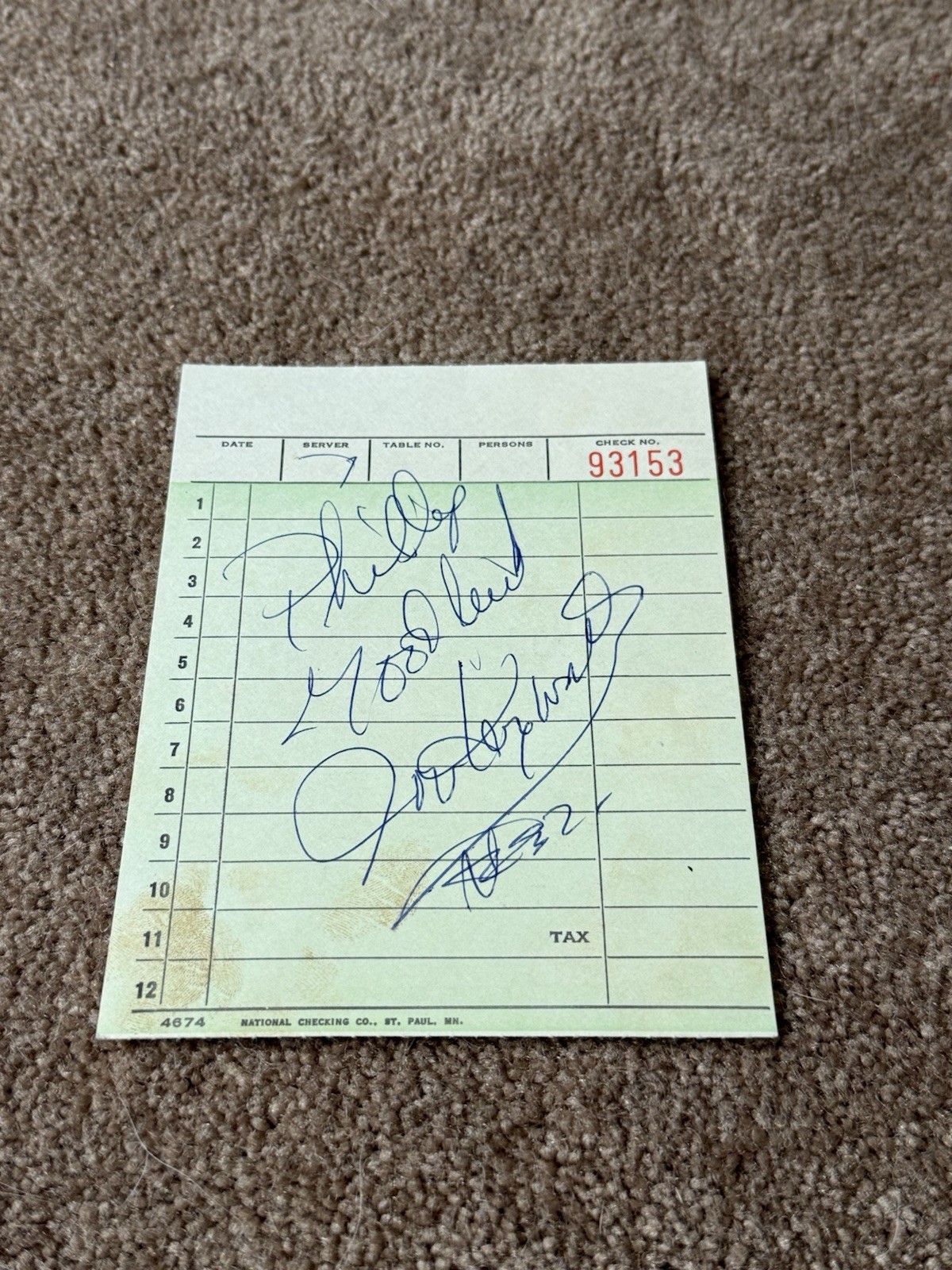 Gordie Howe Signed Autograph Restaurant Check Inscribed “Good Luck”
