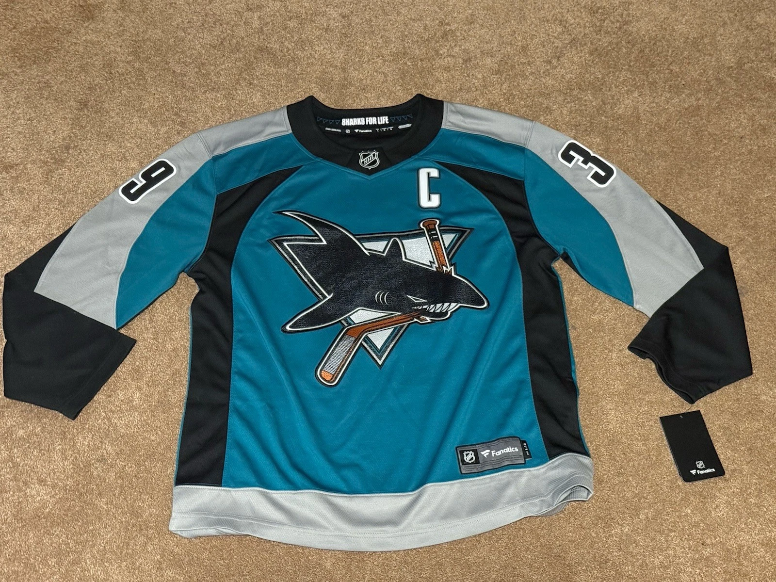 NWT Fanatics Logan Couture #39 San Jose Sharks Breakaway Jersey Men's L Teal