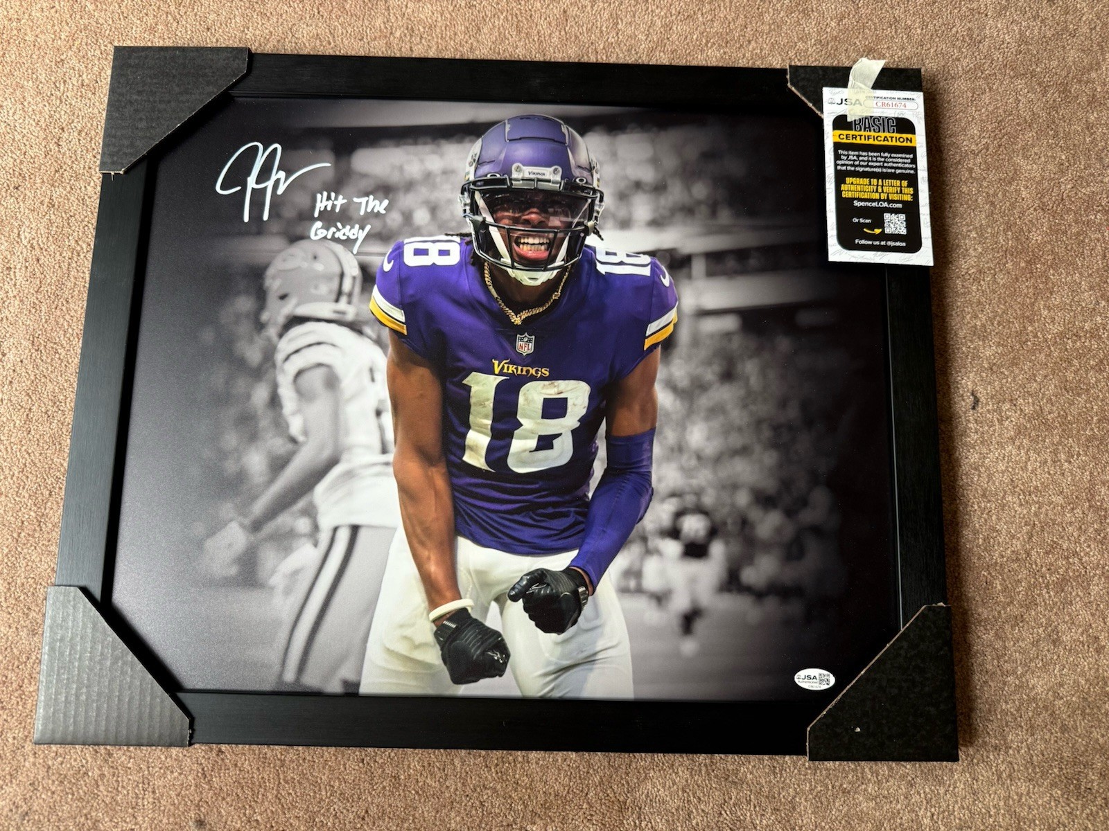 Justin Jefferson Signed Framed Spotlight Photo Hit The Griddy Vikings JSA