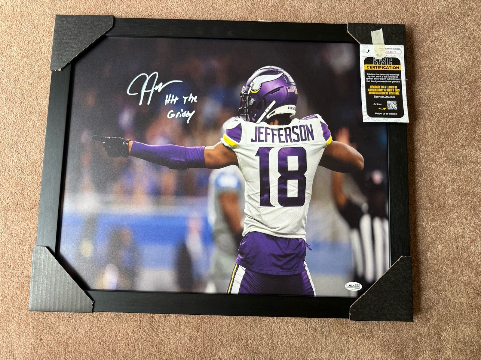 Justin Jefferson Signed Framed Photo Hit The Griddy Inscribed Vikings JSA