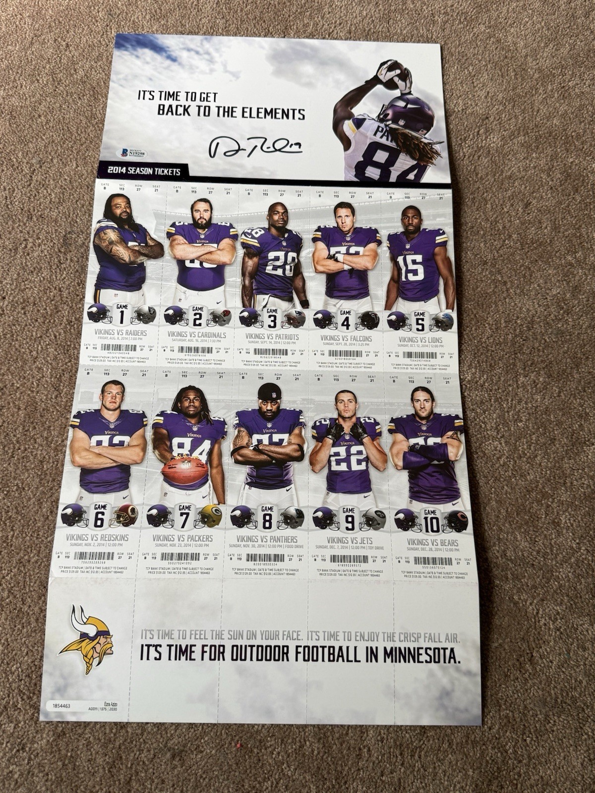 Adam Thielen Auto Minnesota Vikings 2014 Season Ticket Sheet Beckett Witnessed