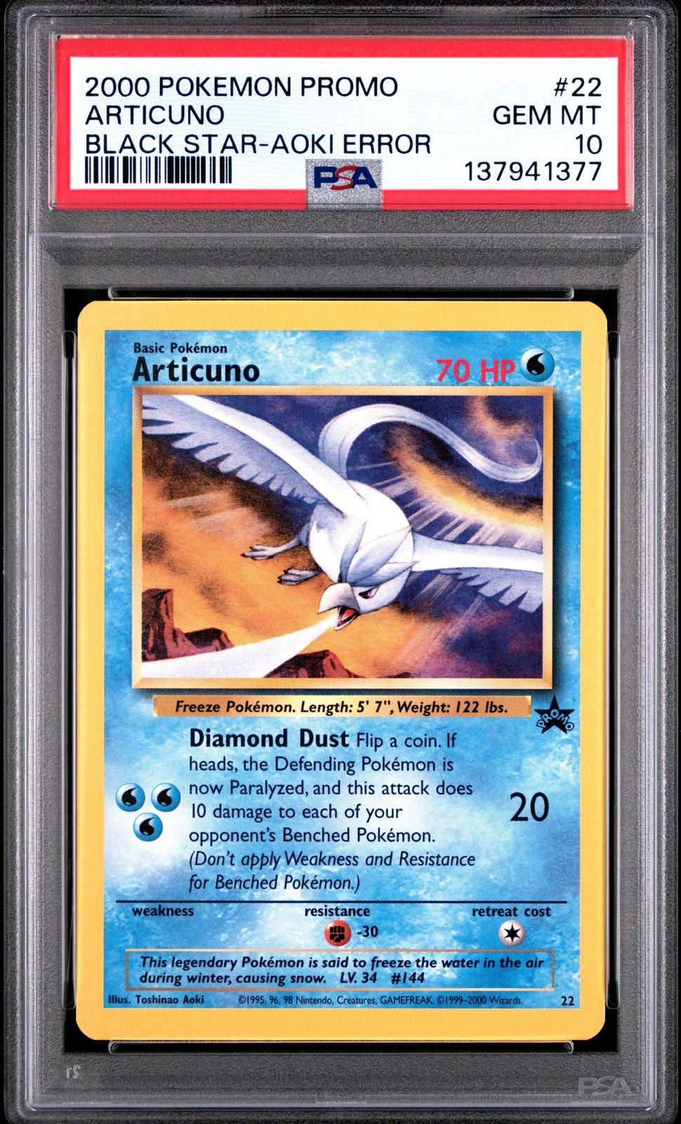 Graded 2000 Pokemon Black Star Promo Aoki Error Articuno #22 Card PSA 10
