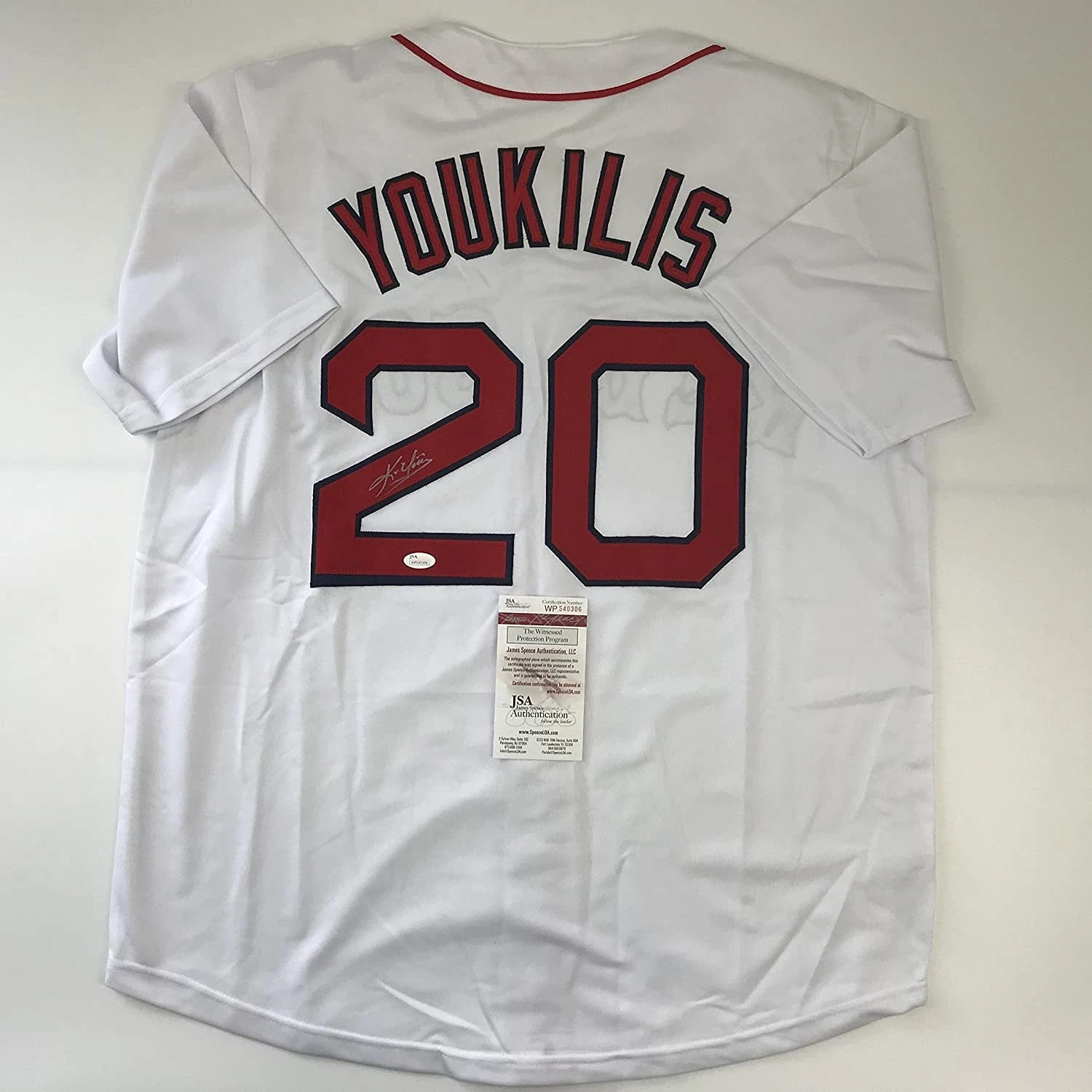 Autographed/Signed KEVIN YOUKILIS Boston White Baseball Jersey JSA COA Auto