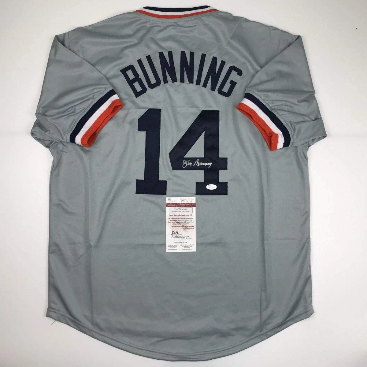 Autographed/Signed JIM BUNNING Detroit Grey Baseball Jersey JSA COA Auto