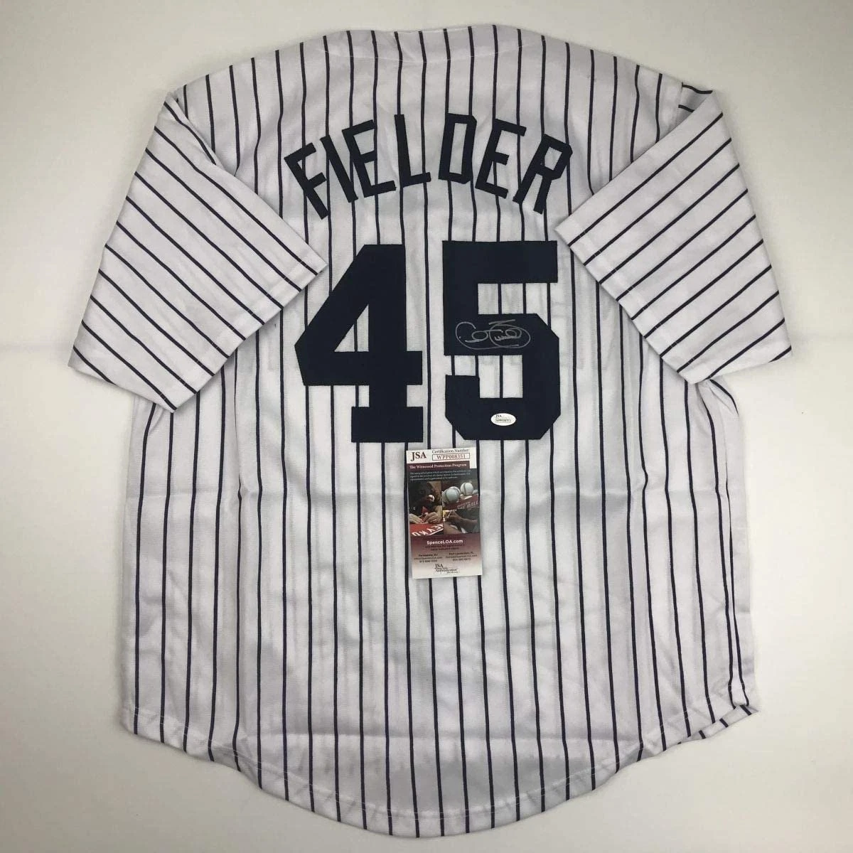 Autographed/Signed CECIL FIELDER New York Pinstripe Jersey JSA COA Auto