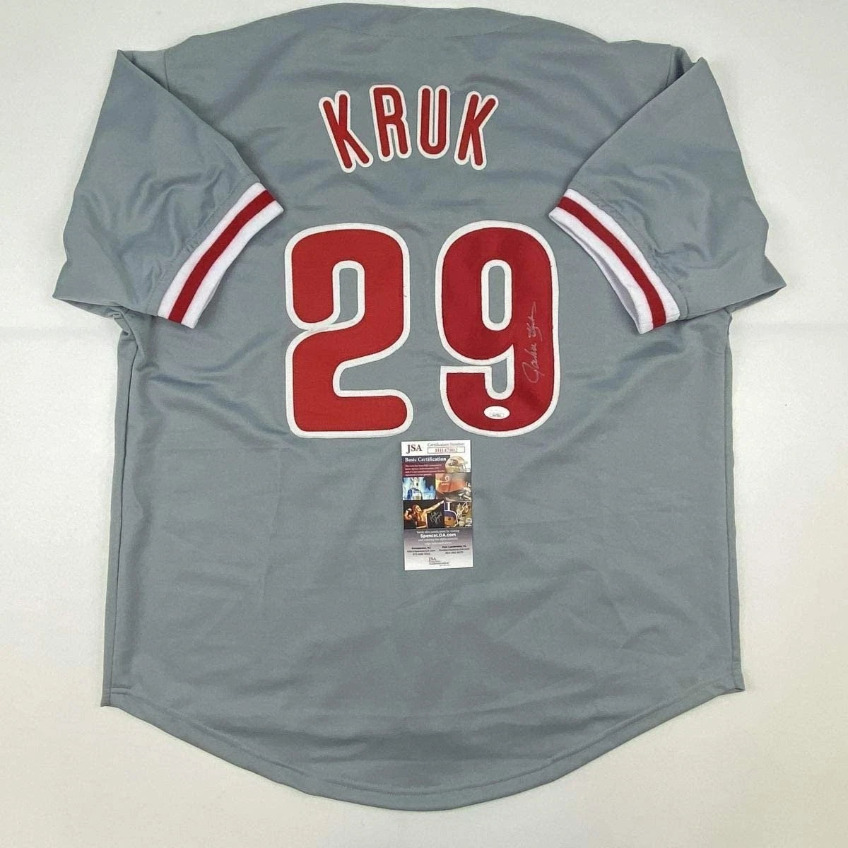 Autographed/Signed JOHN KRUK Philadelphia Grey Baseball Jersey JSA COA Auto