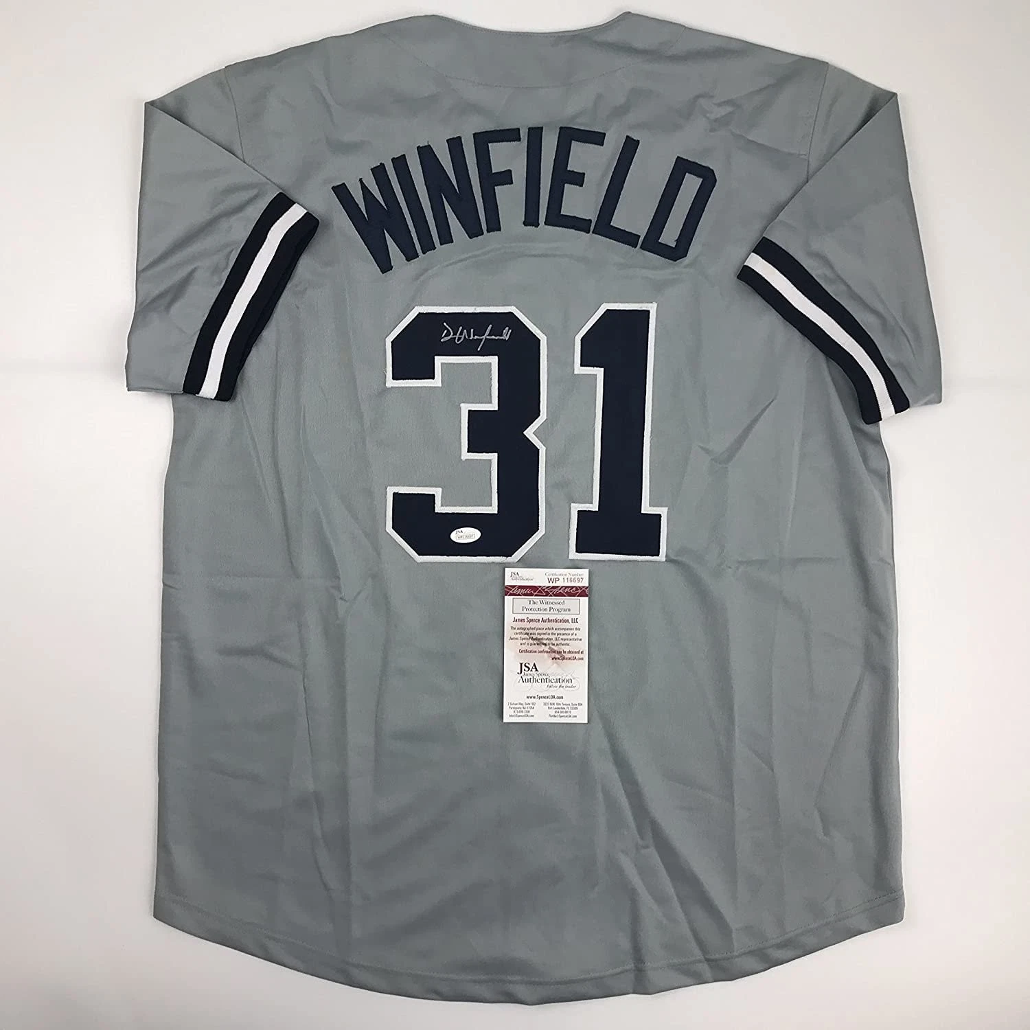 Autographed/Signed DAVE WINFIELD New York Grey Baseball Jersey JSA COA Auto