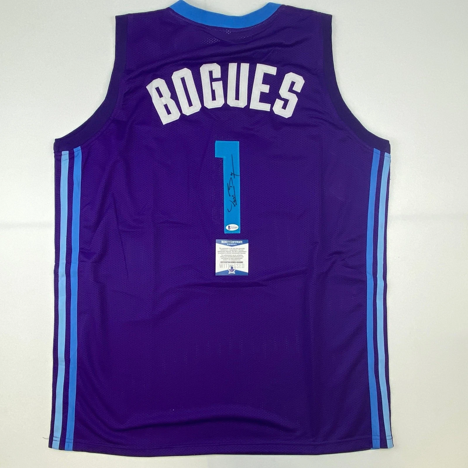 Autographed/Signed Muggsy Bogues Charlotte Purple Modern Jersey Beckett COA