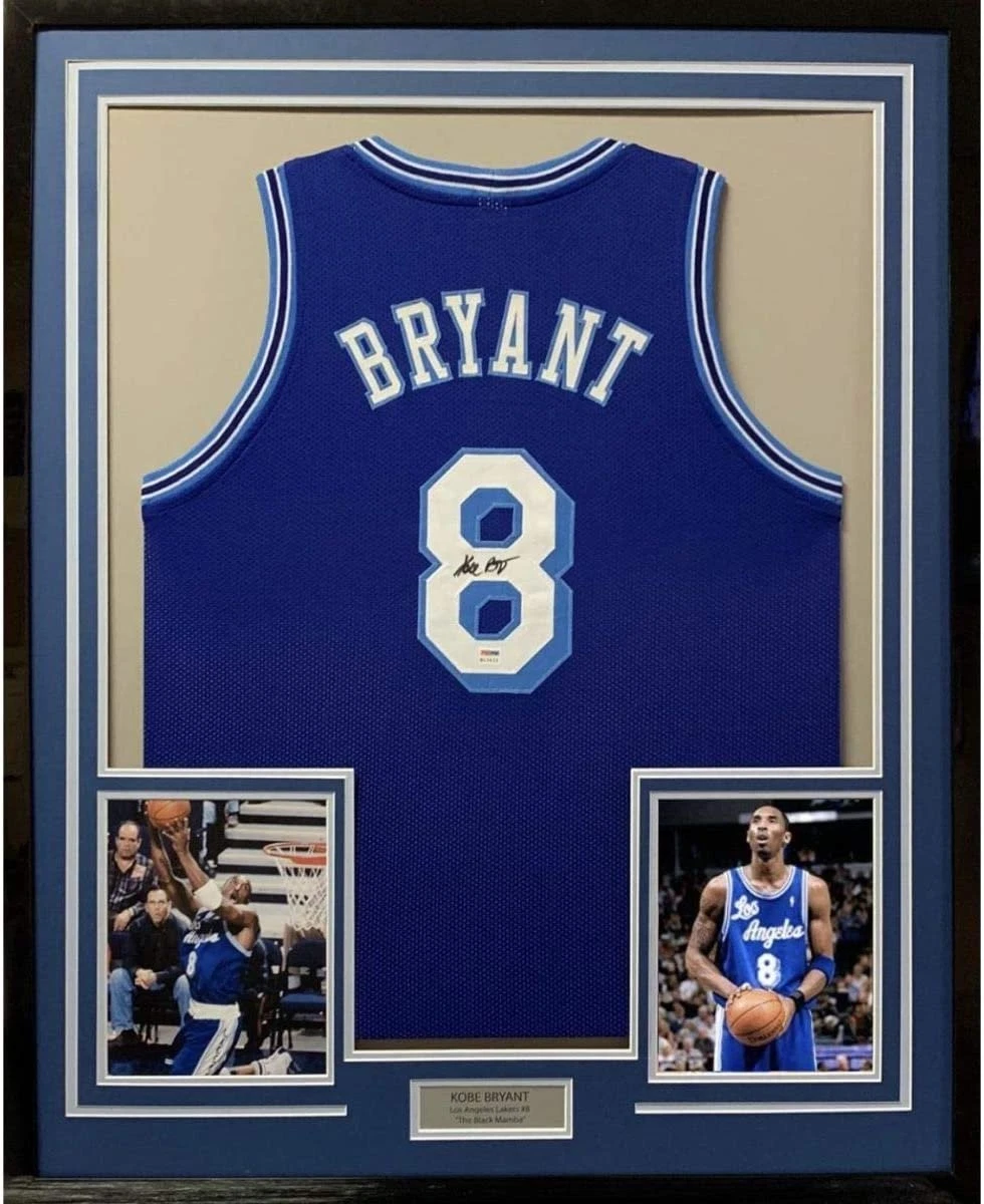 FRAMED Autographed/Signed KOBE BRYANT 33x42 Los Angeles Blue Jersey PSA COA