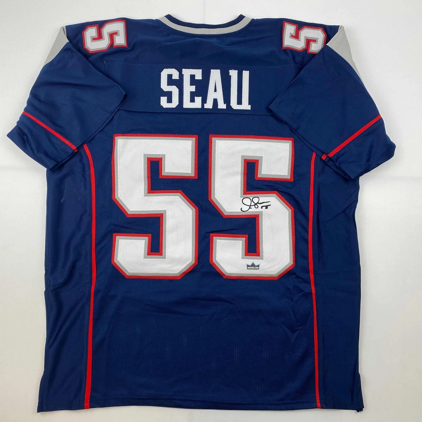 Facsimile Autographed Junior Seau New England Blue Jersey Size Men's XL