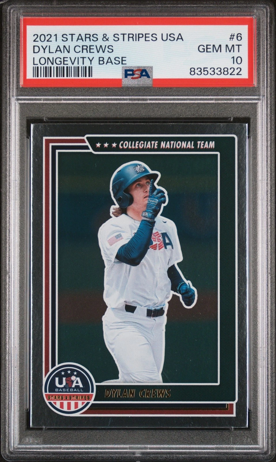 Graded 2021 Stars & Stripes USA Dylan Crews #6 Longevity Base Card PSA 10