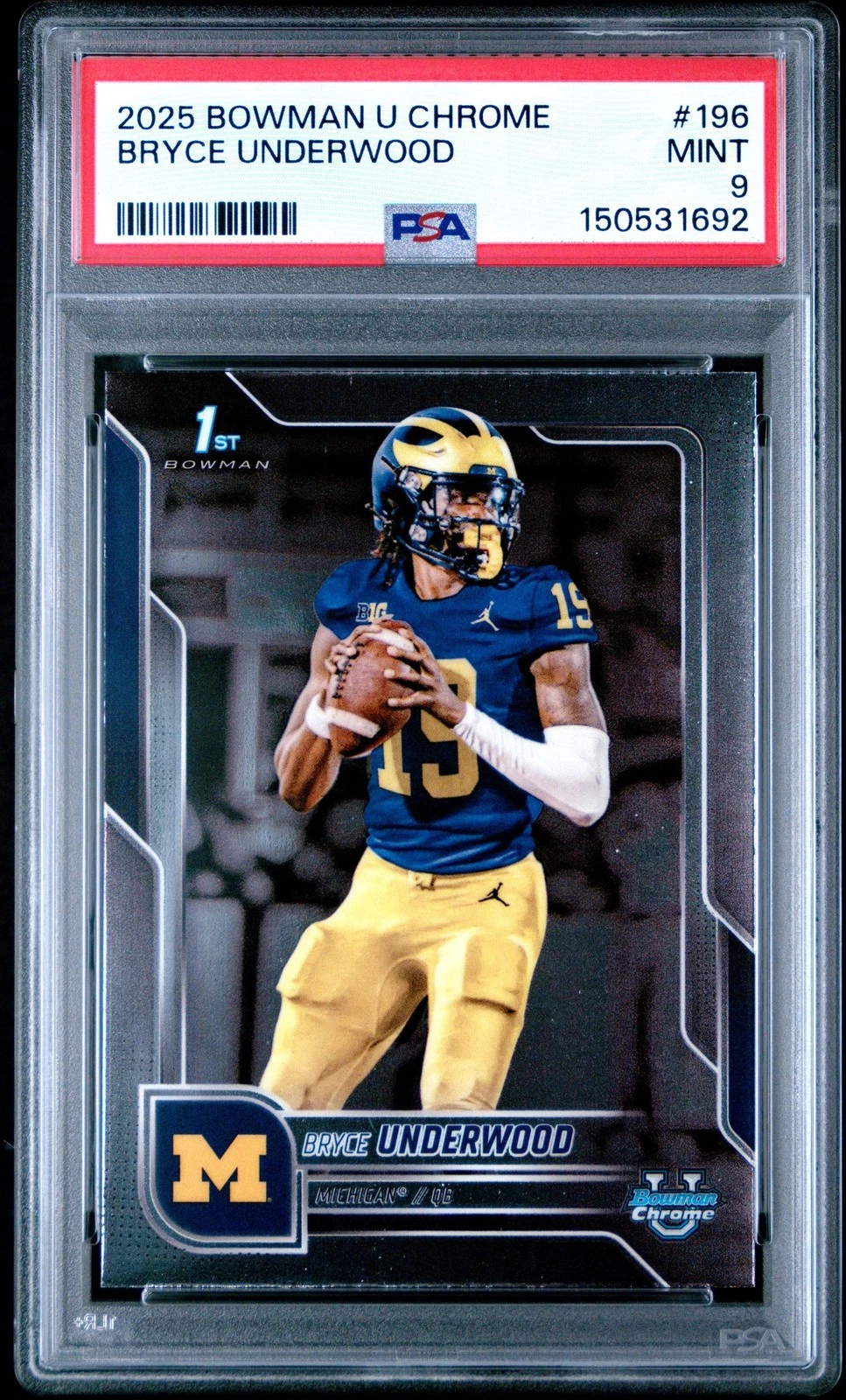 Graded 2025 Bowman University Chrome Bryce Underwood 196 RC Card PSA 9