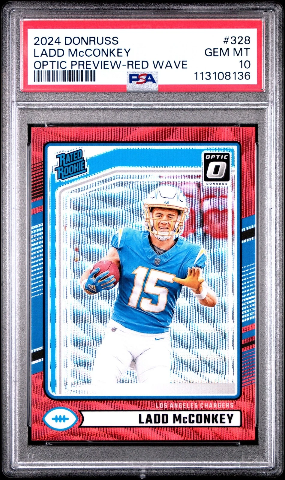 Graded 2024 Panini Donruss Ladd McConkey #328 Red Wave Rookie Card PSA 10