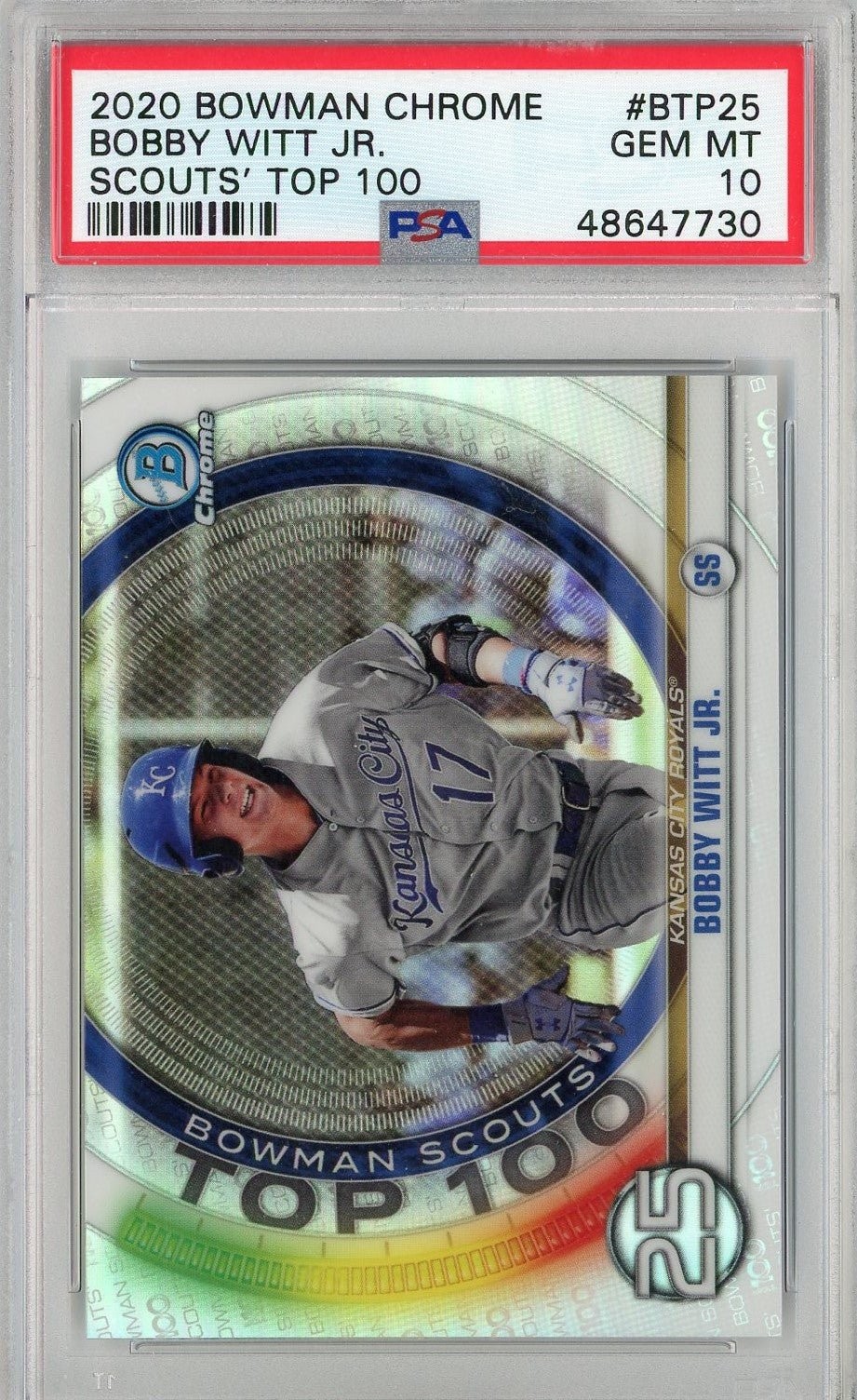 Graded 2020 BWM Chrome Bobby Witt Jr #BTP25 Scouts Top 100 Card PSA 10