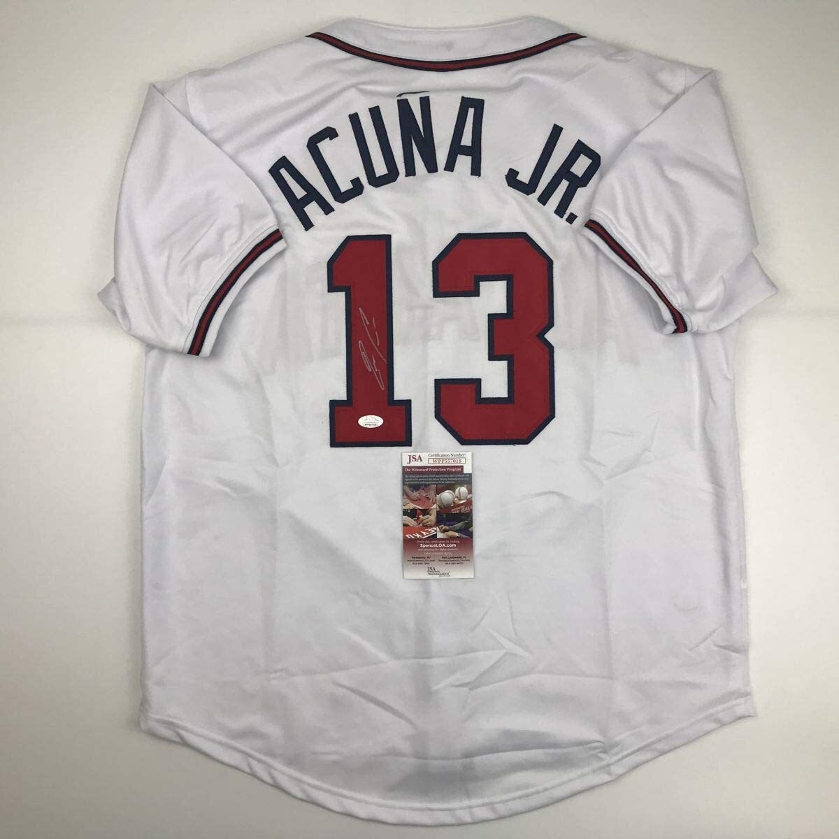 Autographed/Signed RONALD ACUNA JR. Atlanta White Baseball Jersey JSA COA Auto
