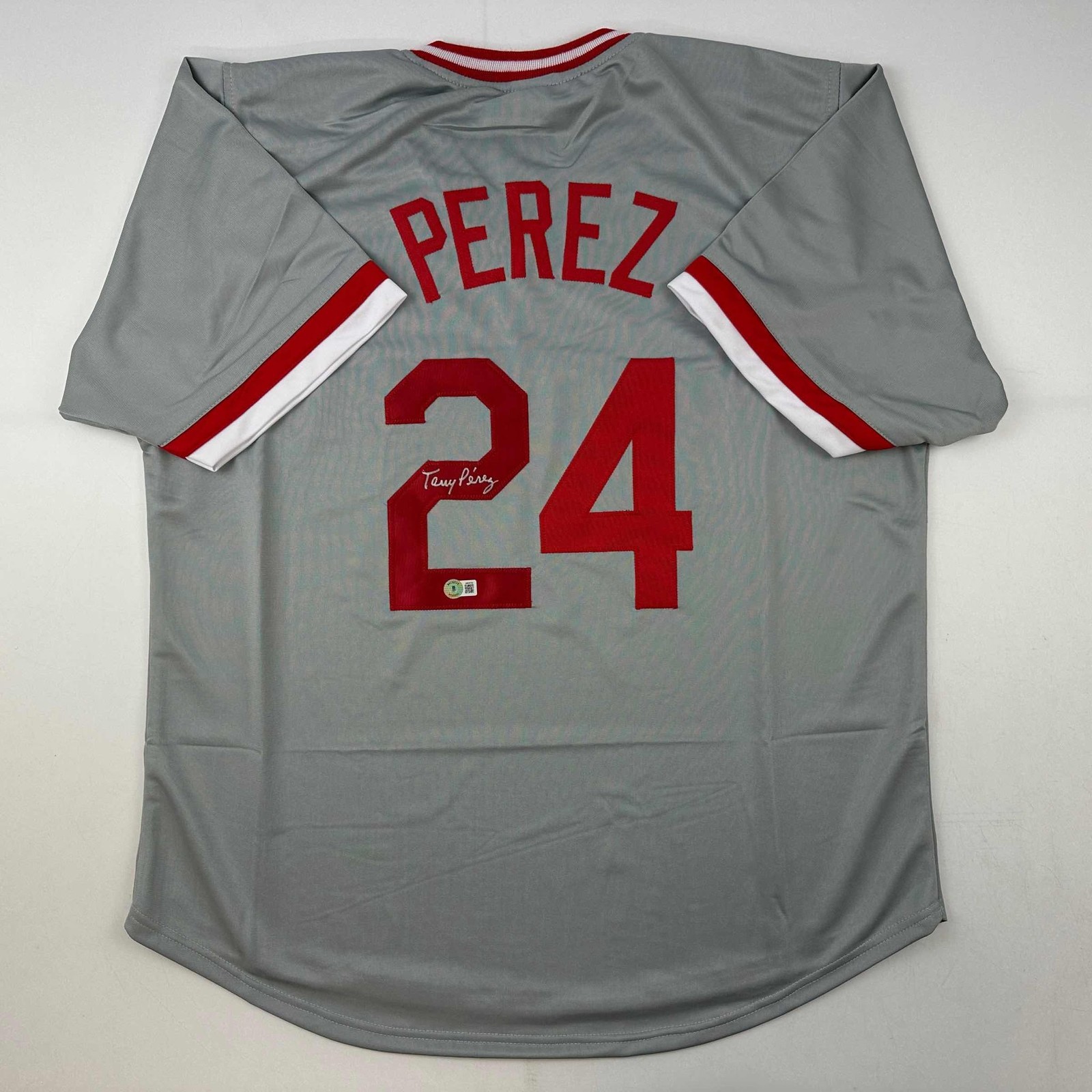 Autographed/Signed Tony Perez Cincinnati Grey Jersey Beckett BAS COA