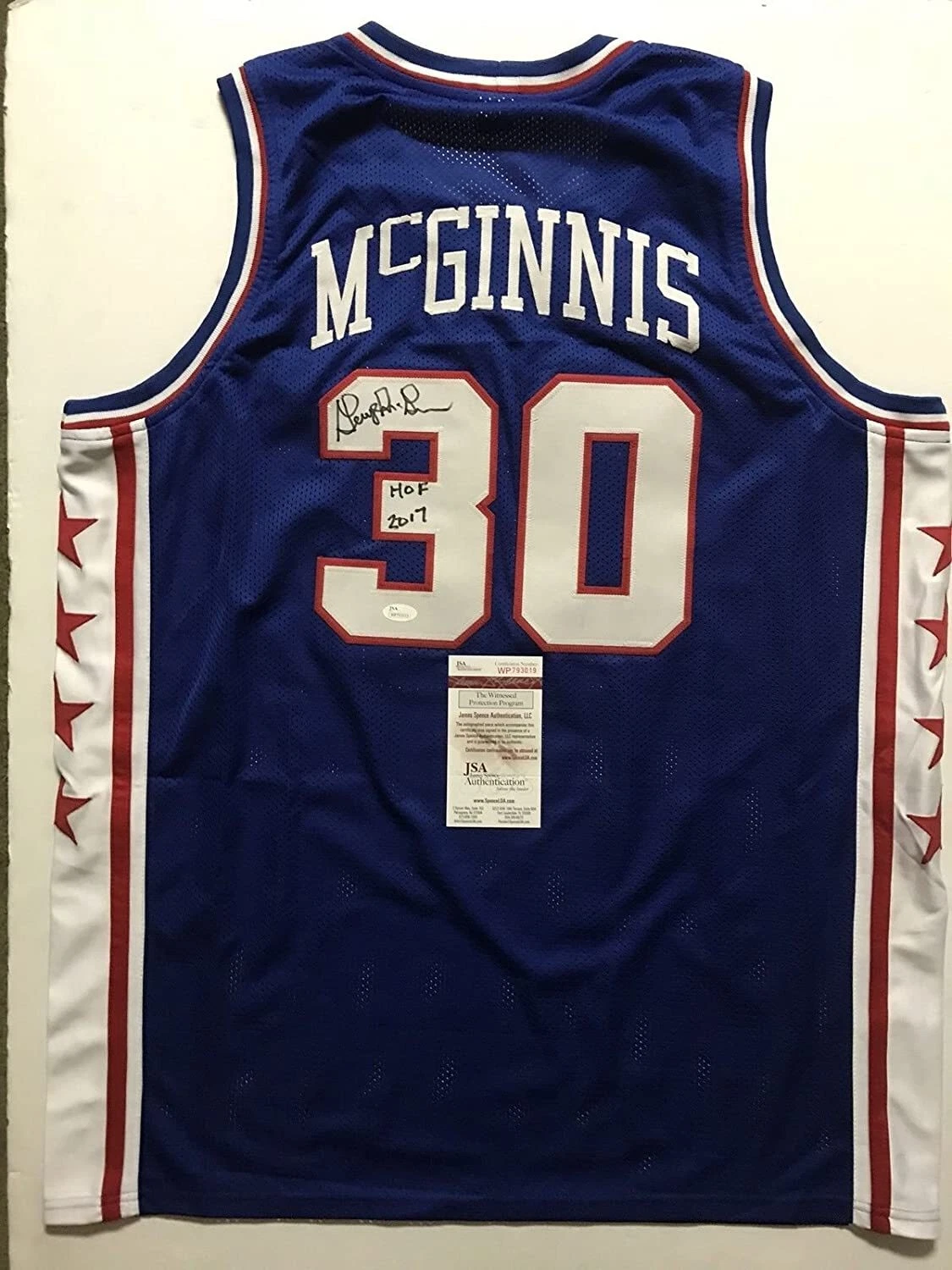 Autographed/Signed GEORGE MCGINNIS HOF 17 Philadelphia Blue Jersey JSA COA Auto