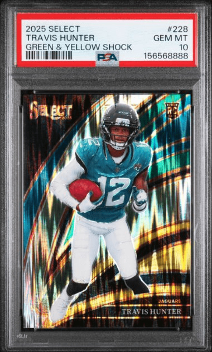 Graded 2025 Select Travis Hunter #228 Green & Yellow Shock RC Card PSA 10