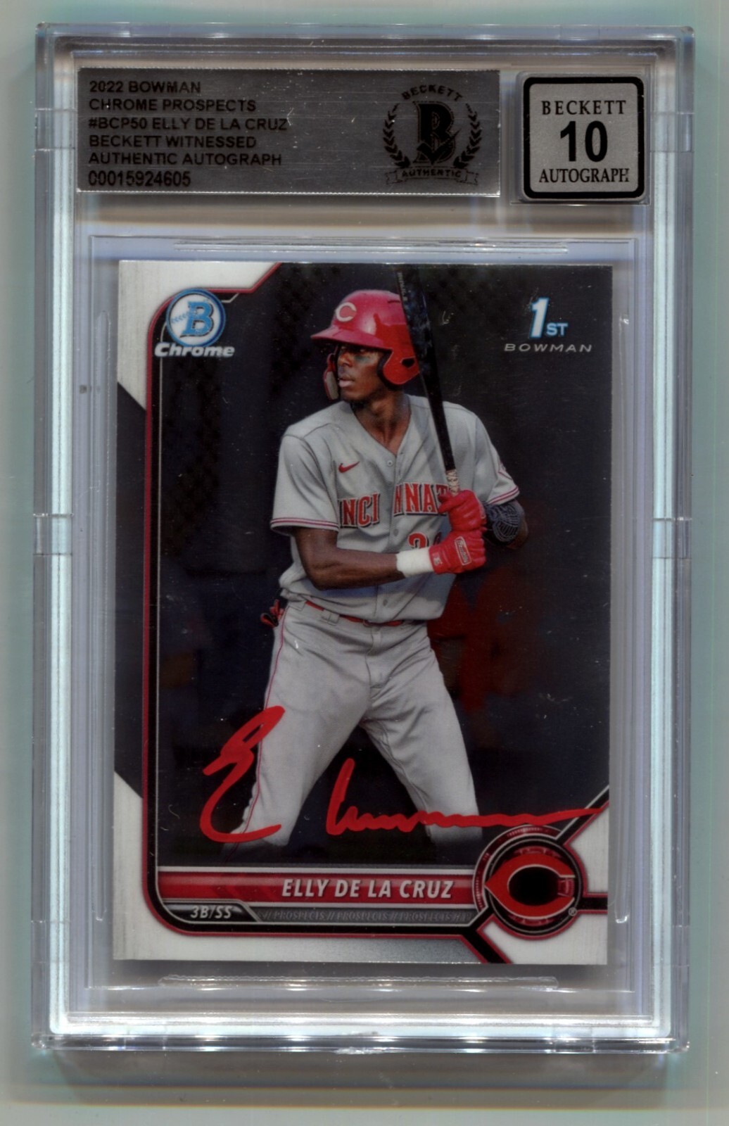 Elly De La Cruz 2022 Bowman Chrome 1st #BCP50 RC Signed Auto BGS 10 Reds