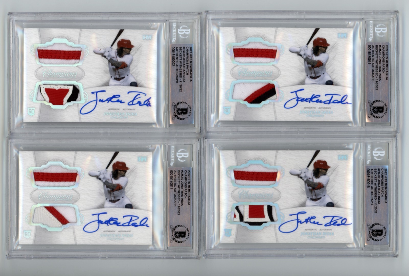 Jonathan India 2021 Hits Memorabilia Champions Patch Dual Auto RC #/10 BGS BAS