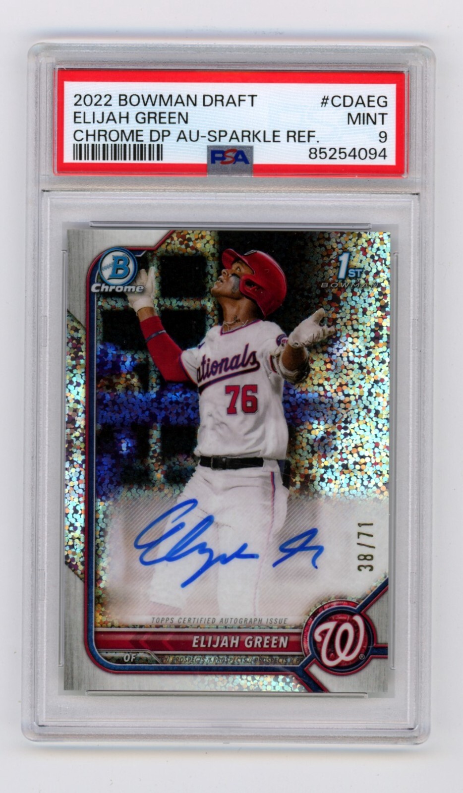 Elijah Green 2022 Bowman Chrome Draft 1st Sparkle Refractor Auto RC #38/71 PSA 9