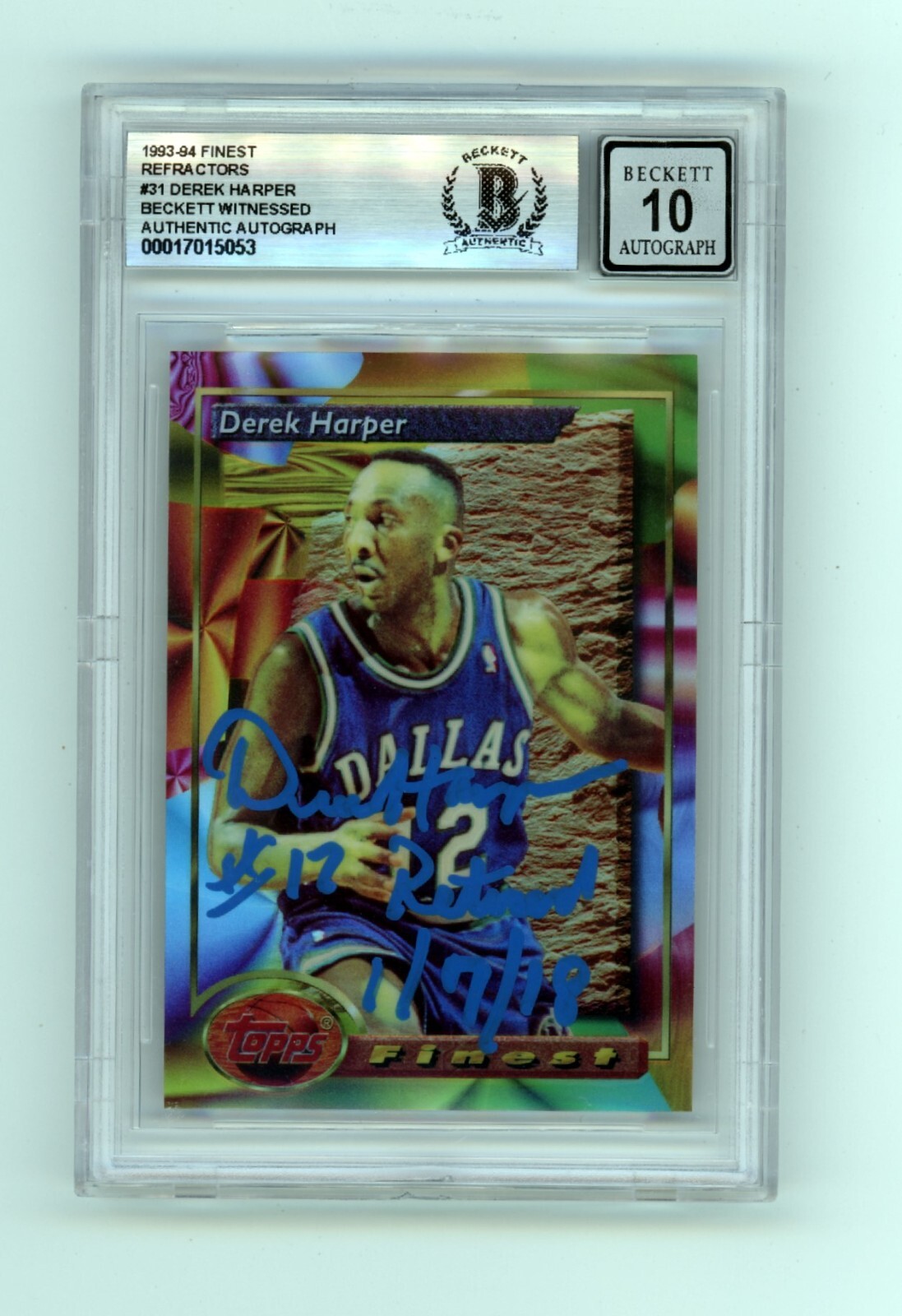 Derek Harper 1993-94 Finest Refractor 31 Signed #12 Retired Insc BAS BGS 10 Auto