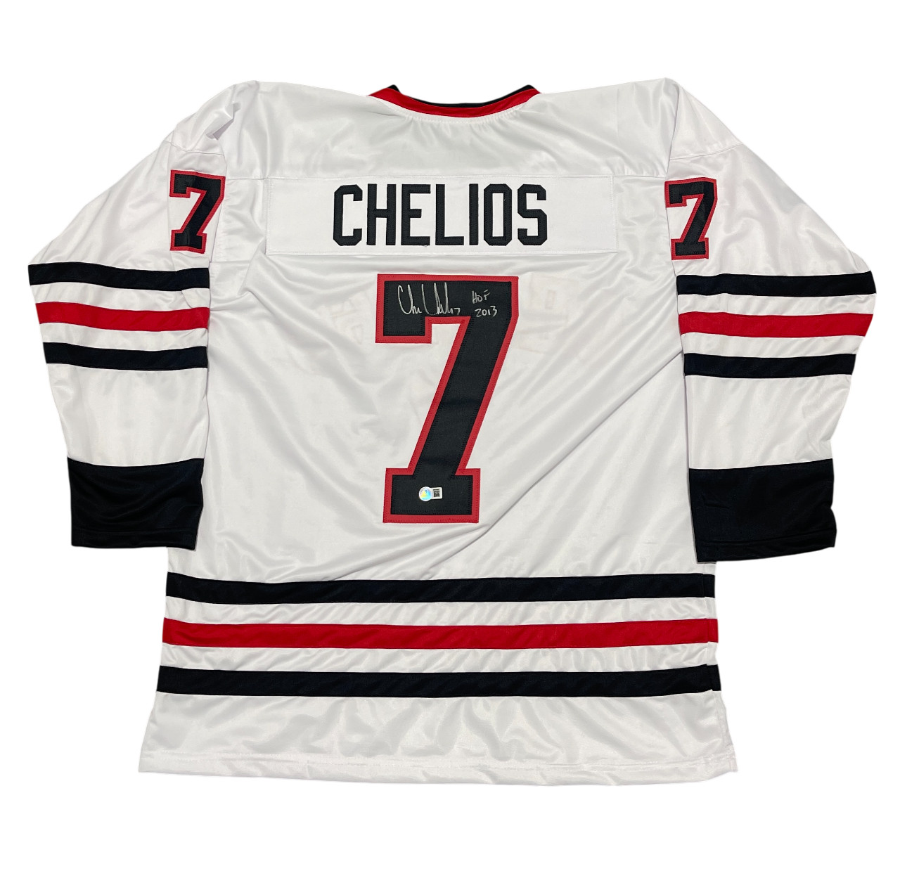 Chris Chelios Signed Chicago Custom Jersey w/ HOF 2013 Beckett Witness BAS COA