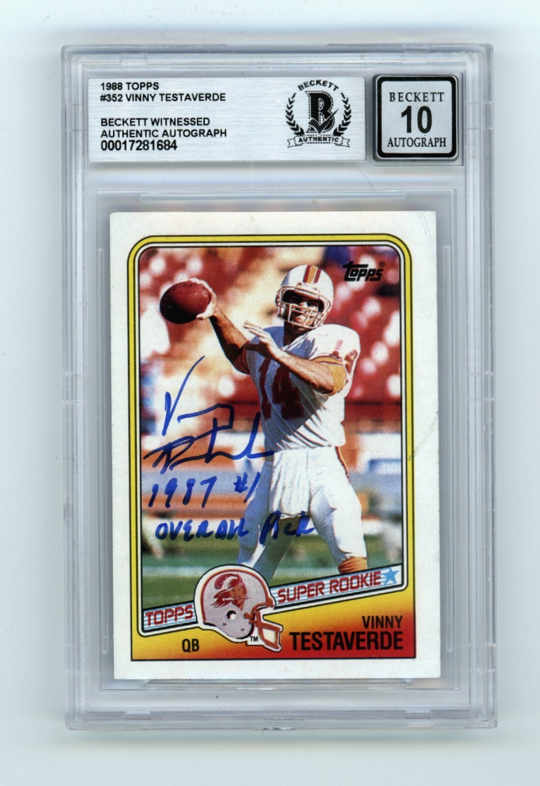 Vinny Testaverde 1988 Topps #352 RC Signed w/ #1 Pick Insc Beckett BGS 10 Auto