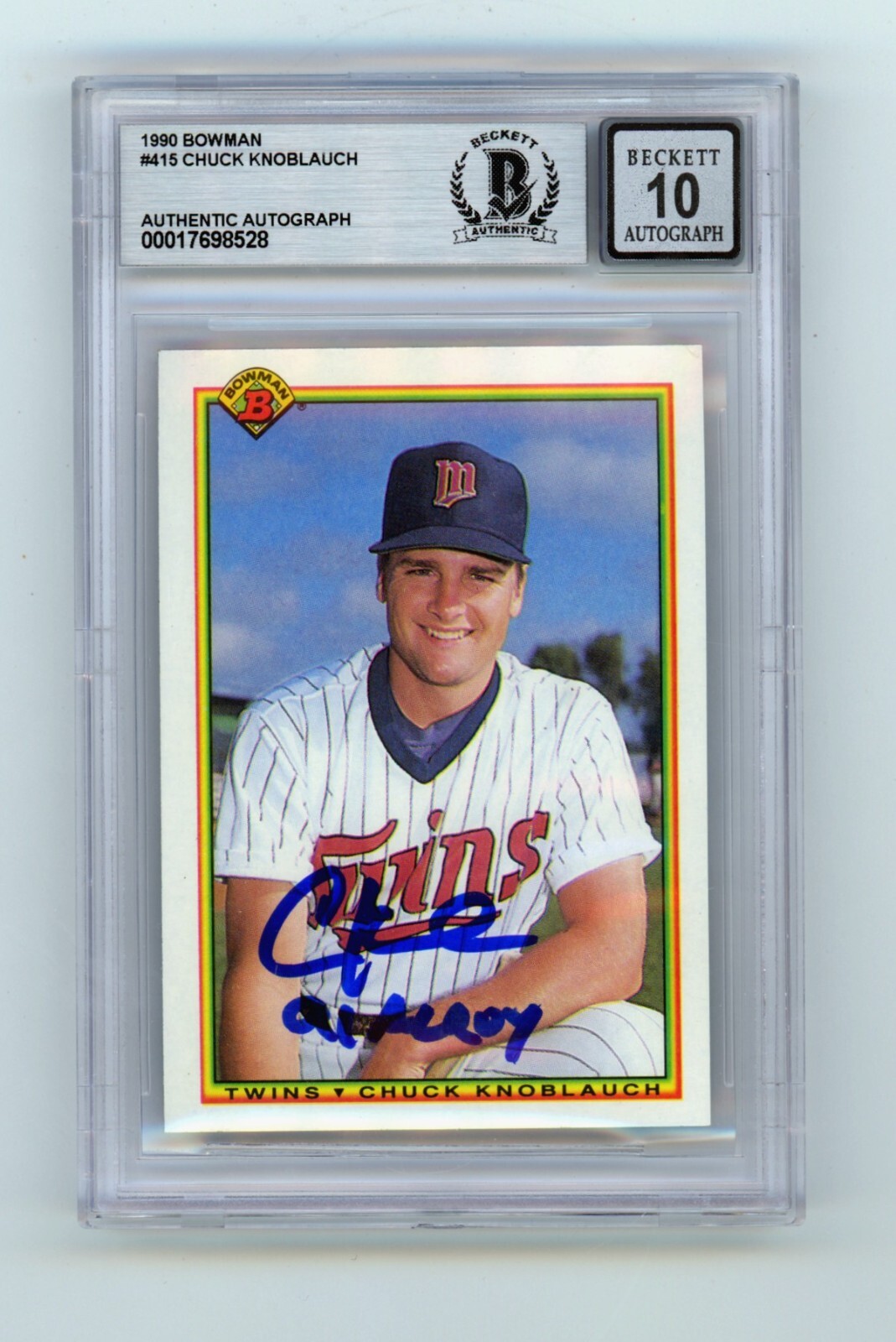 Chuck Knoblauch 1990 Bowman #415 Rookie RC Signed w/ 91 AL ROY Insc BGS 10 Auto
