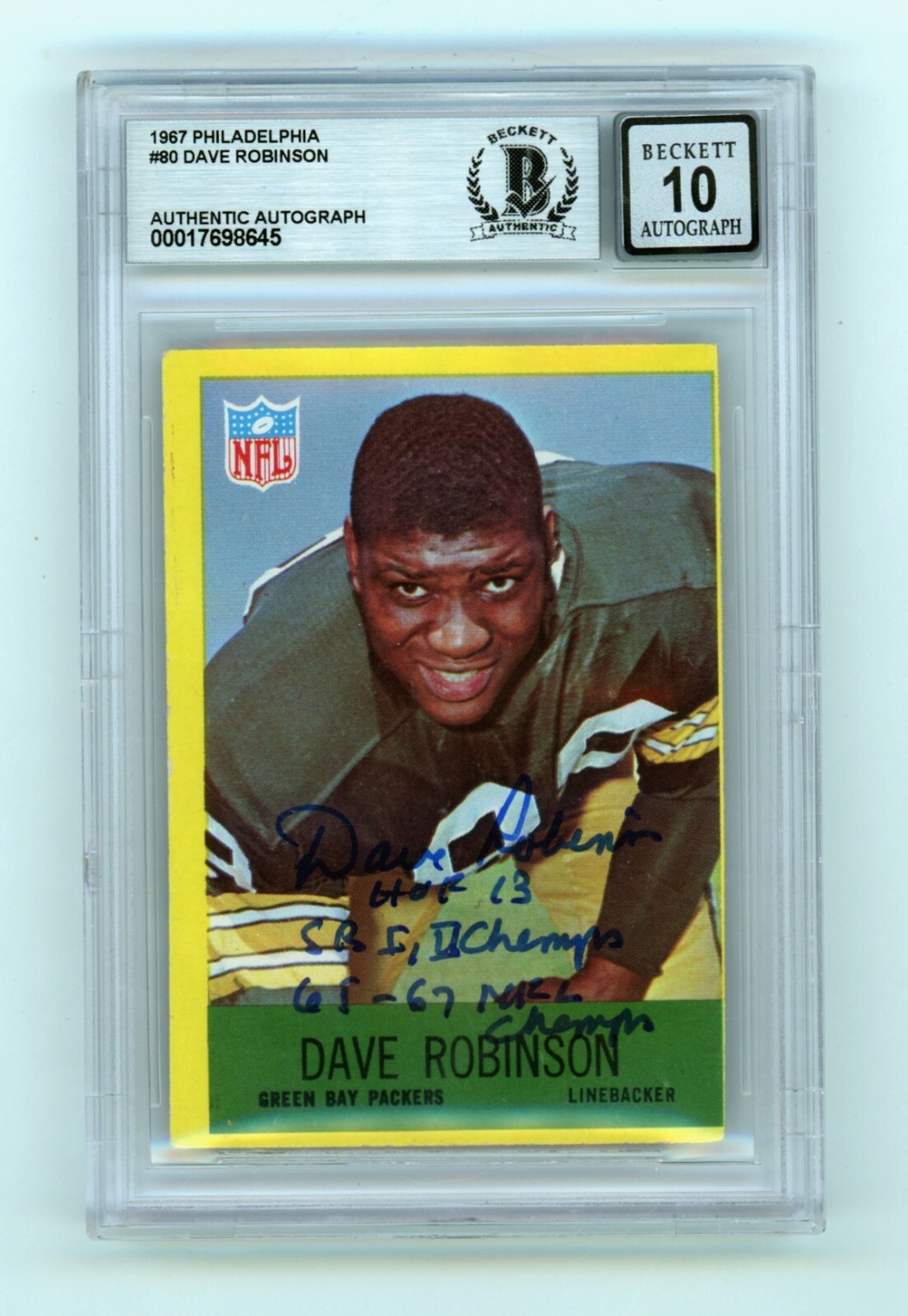 Dave Robinson 1967 Philadelphia #80 Signed Rookie RC w 3 Insc HOF BGS 10 Auto C