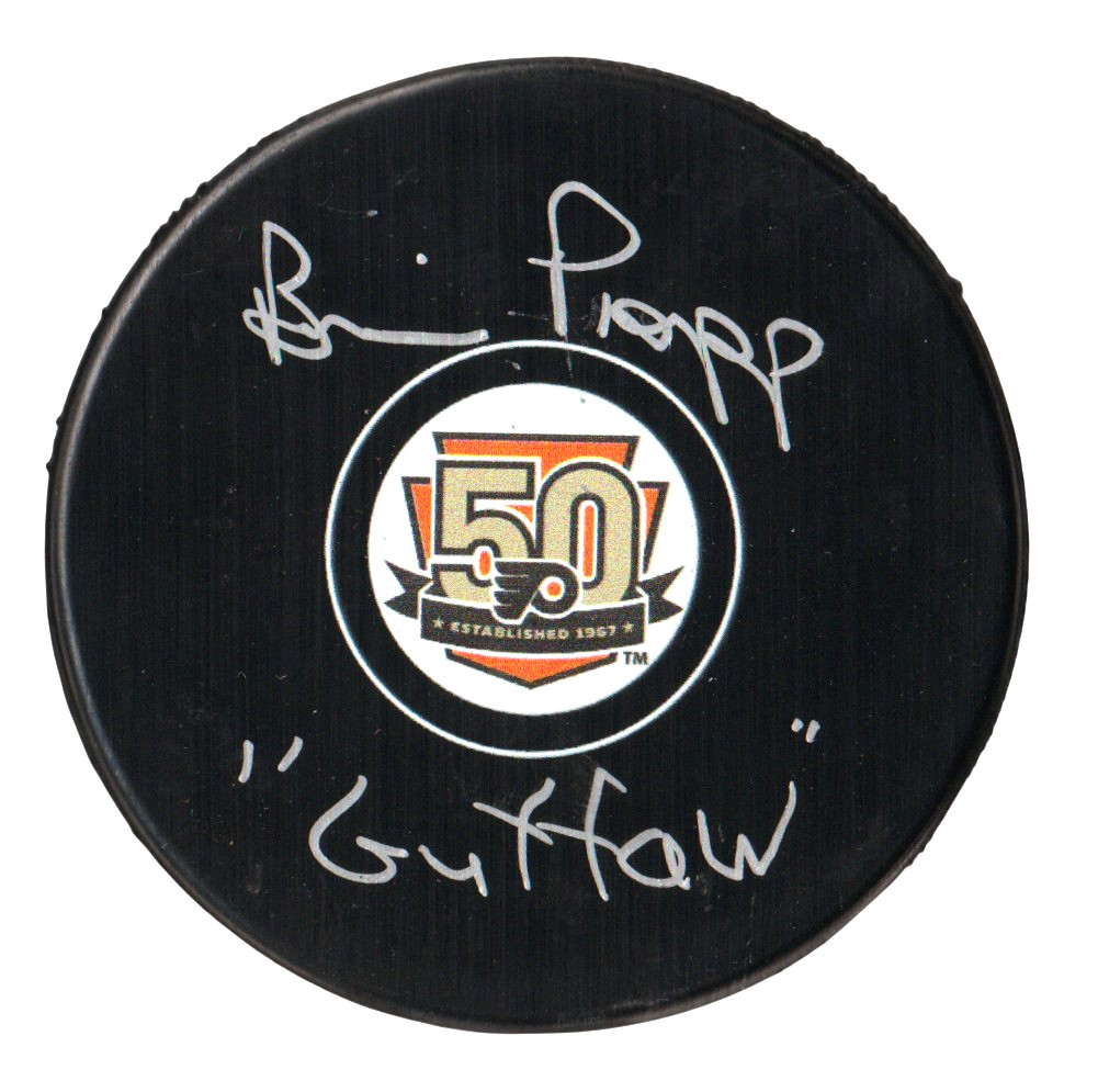 Brian Propp Signed Philadelphia Flyers 50th Puck w/ Guffaw Beckett Wit BAS COA